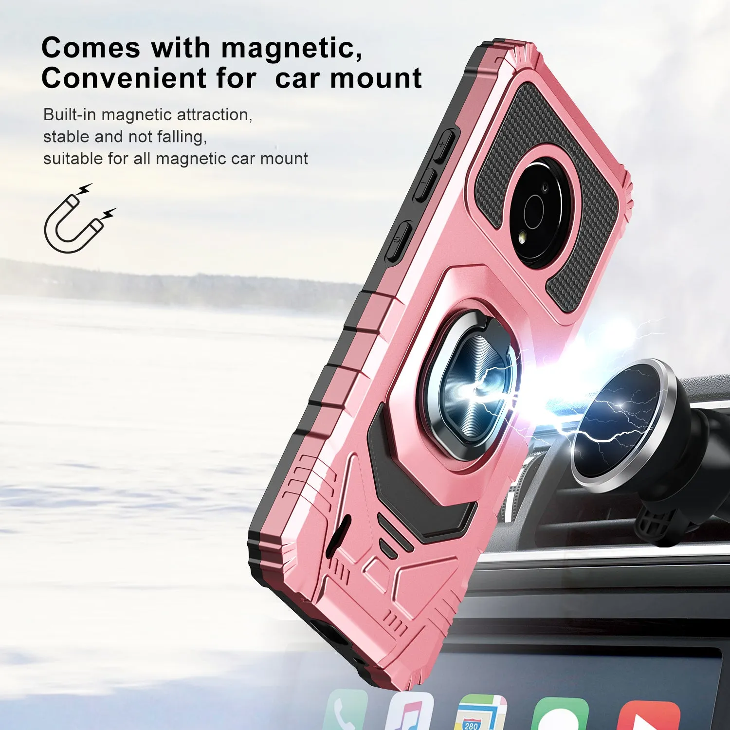 For Nokia C200 Case [Military Grade] Ring Car Mount Kickstand w/[Tempered Glass] Hybrid Hard PC Soft TPU Shockproof Protective Case - Rose Gold