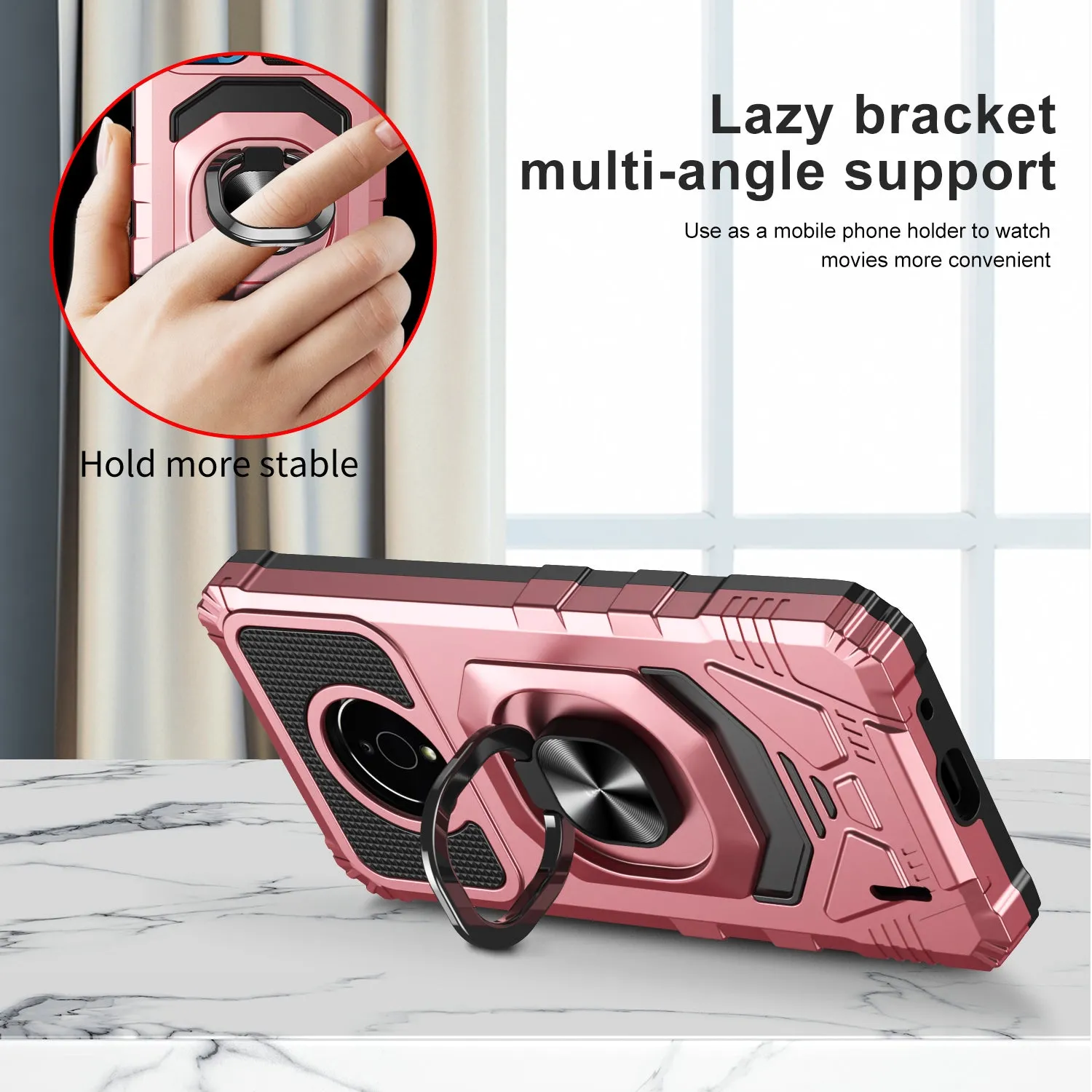 For Nokia C200 Case [Military Grade] Ring Car Mount Kickstand w/[Tempered Glass] Hybrid Hard PC Soft TPU Shockproof Protective Case - Rose Gold