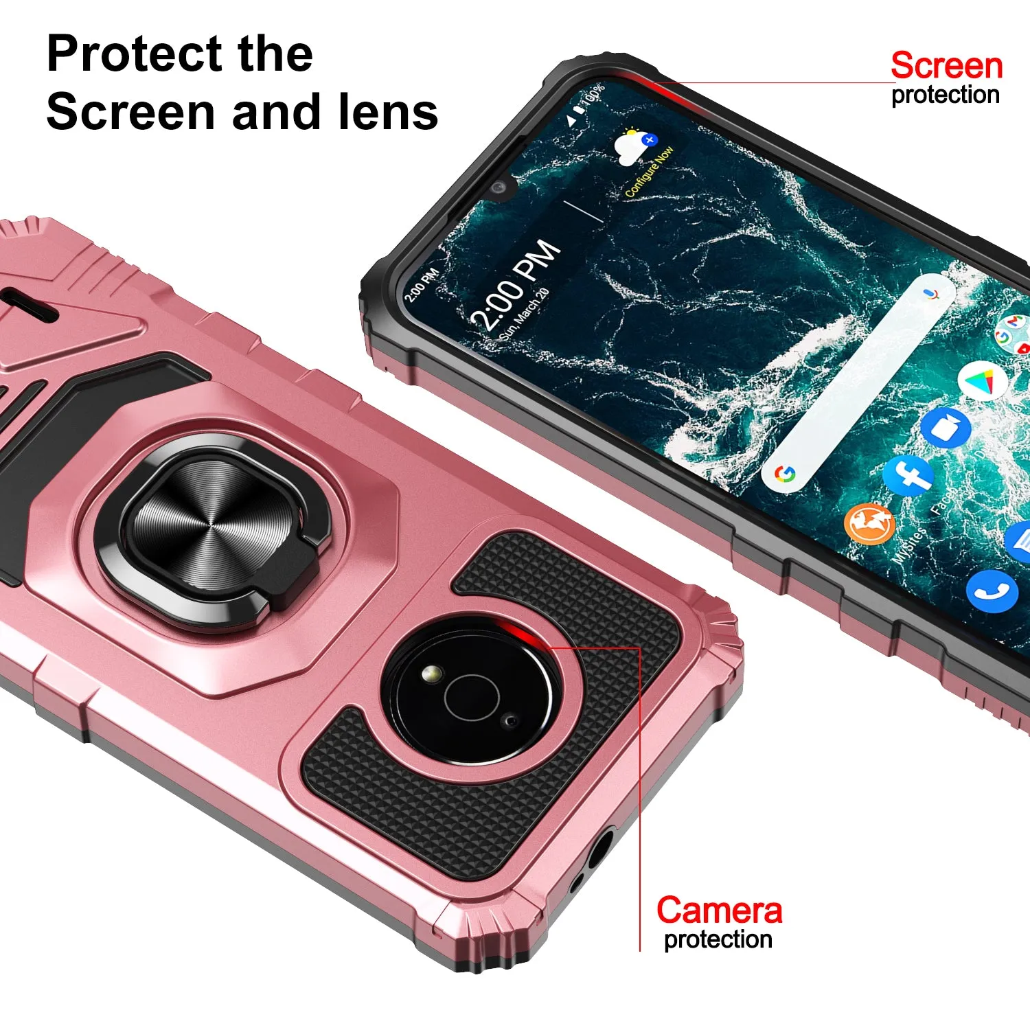 For Nokia C200 Case [Military Grade] Ring Car Mount Kickstand w/[Tempered Glass] Hybrid Hard PC Soft TPU Shockproof Protective Case - Rose Gold