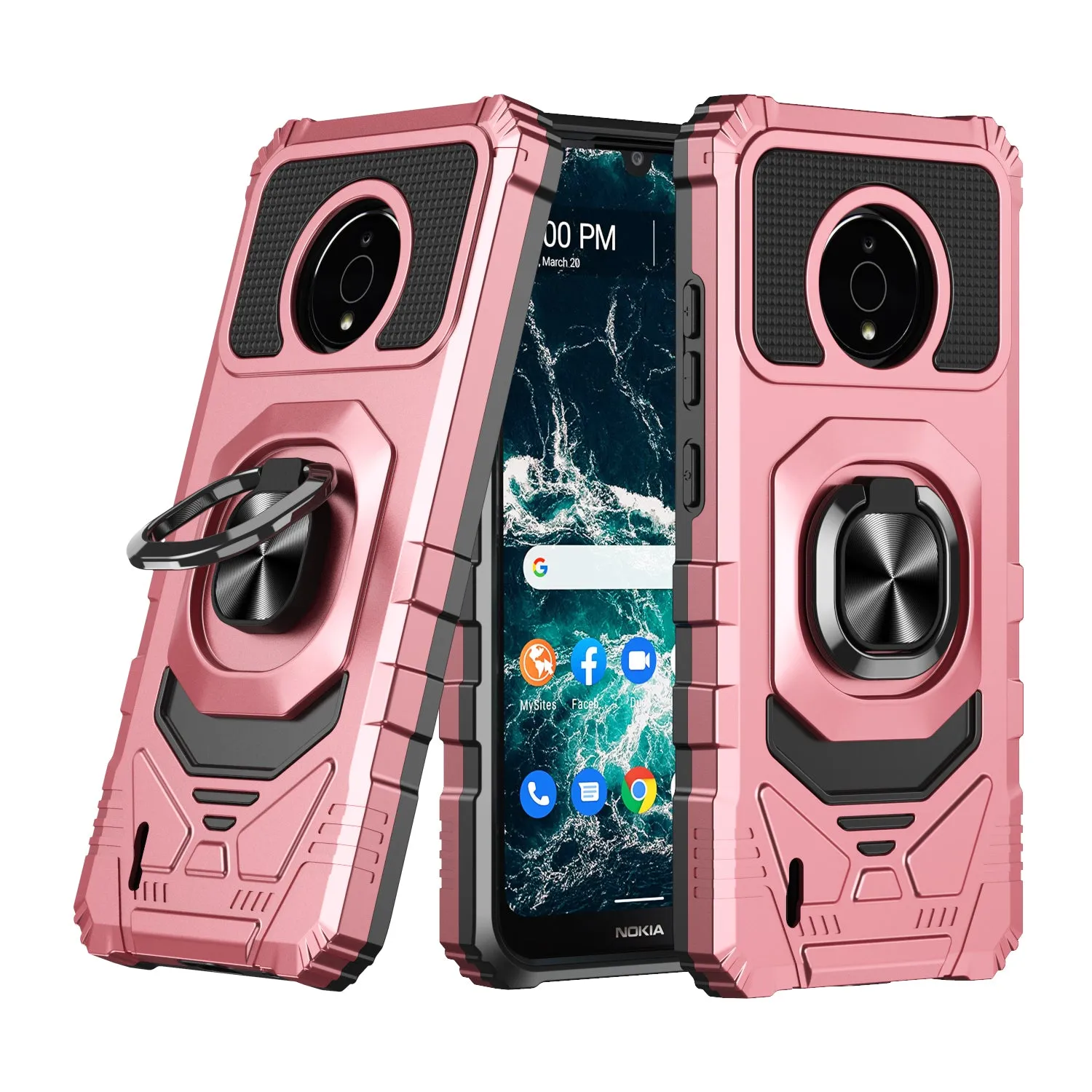 For Nokia C200 Case [Military Grade] Ring Car Mount Kickstand w/[Tempered Glass] Hybrid Hard PC Soft TPU Shockproof Protective Case - Rose Gold