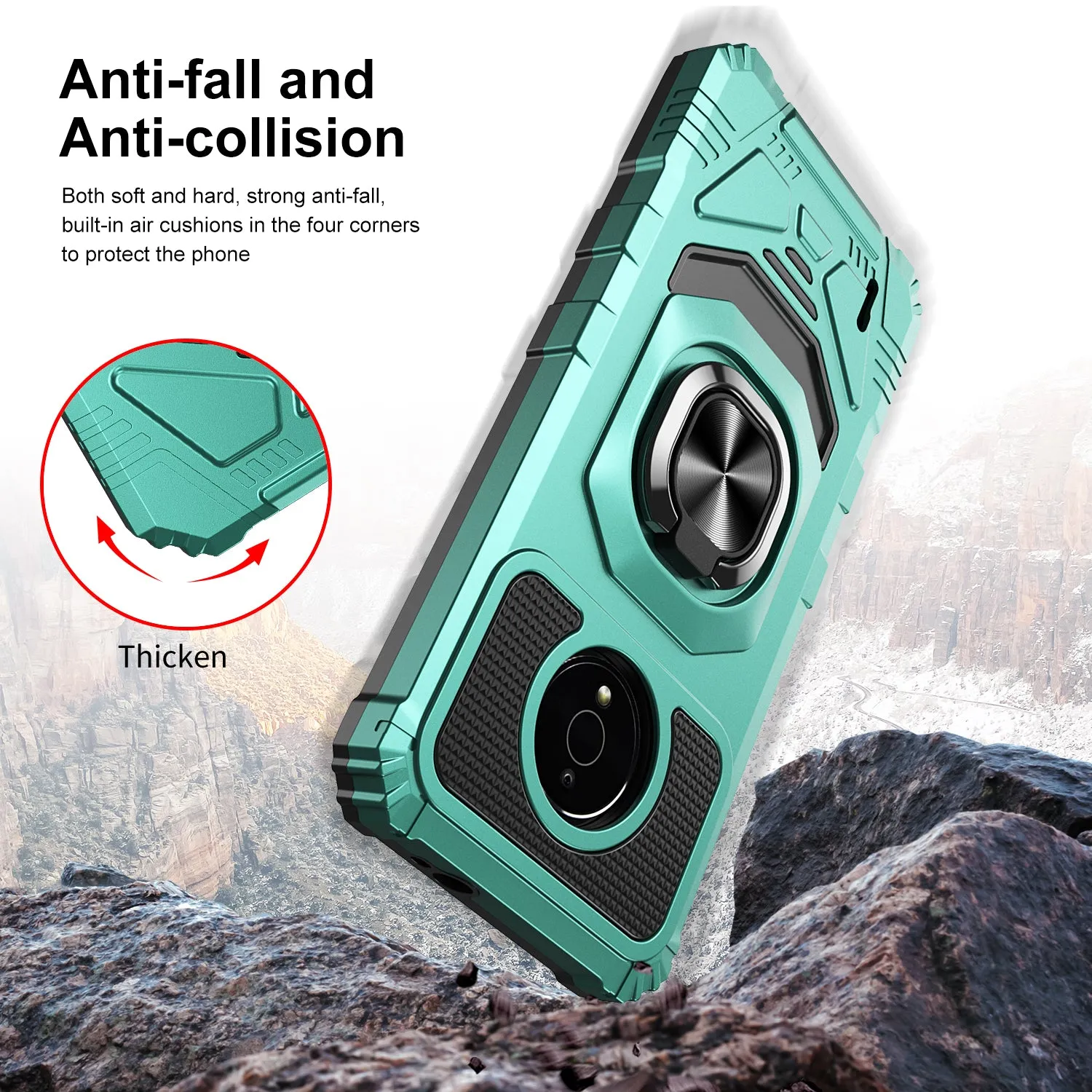 For Nokia C200 Case [Military Grade] Ring Car Mount Kickstand w/[Tempered Glass] Hybrid Hard PC Soft TPU Shockproof Protective Case - Teal