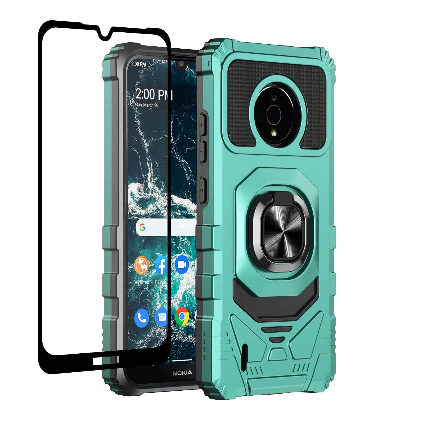 For Nokia C200 Case [Military Grade] Ring Car Mount Kickstand w/[Tempered Glass] Hybrid Hard PC Soft TPU Shockproof Protective Case - Teal