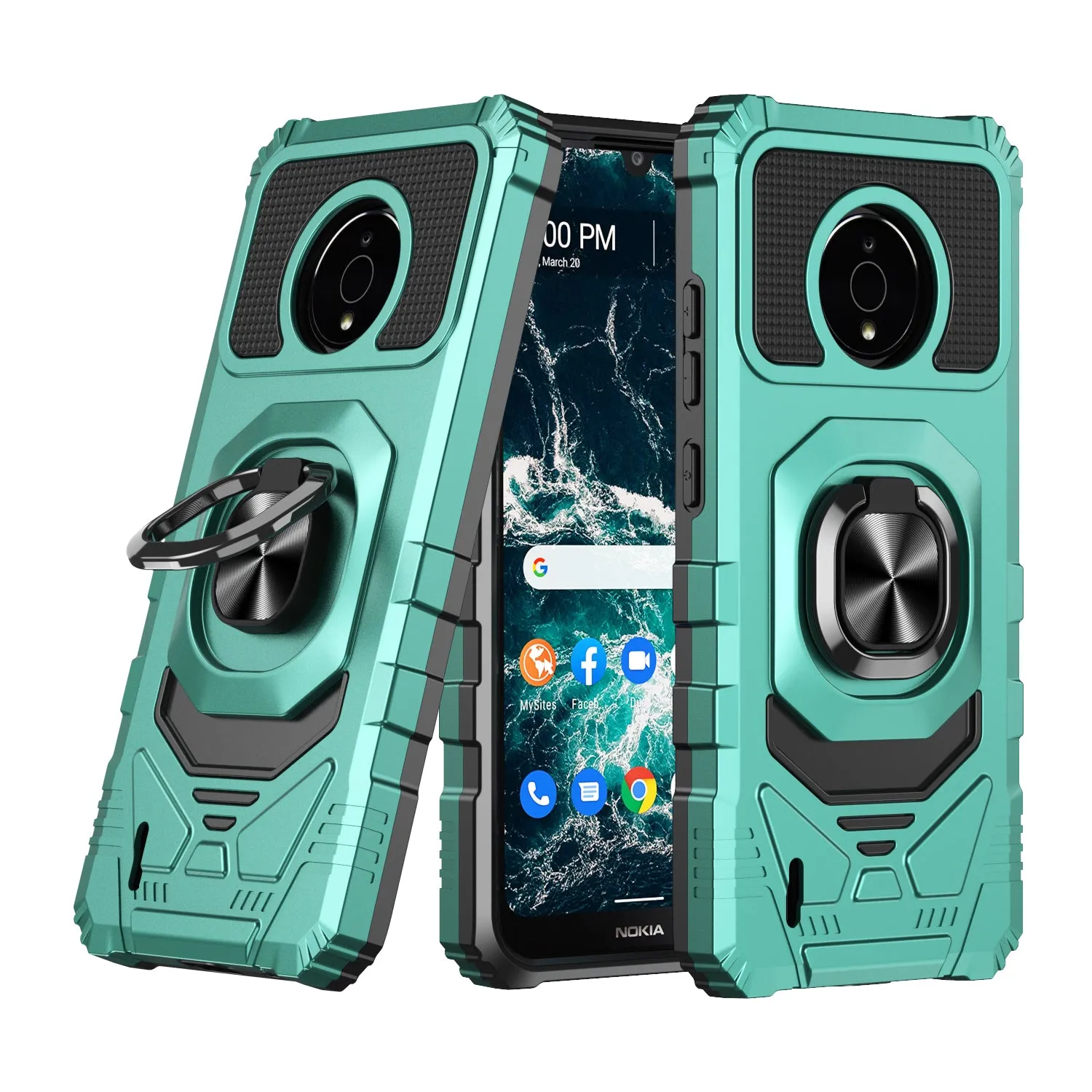 For Nokia C200 Case [Military Grade] Ring Car Mount Kickstand w/[Tempered Glass] Hybrid Hard PC Soft TPU Shockproof Protective Case - Teal