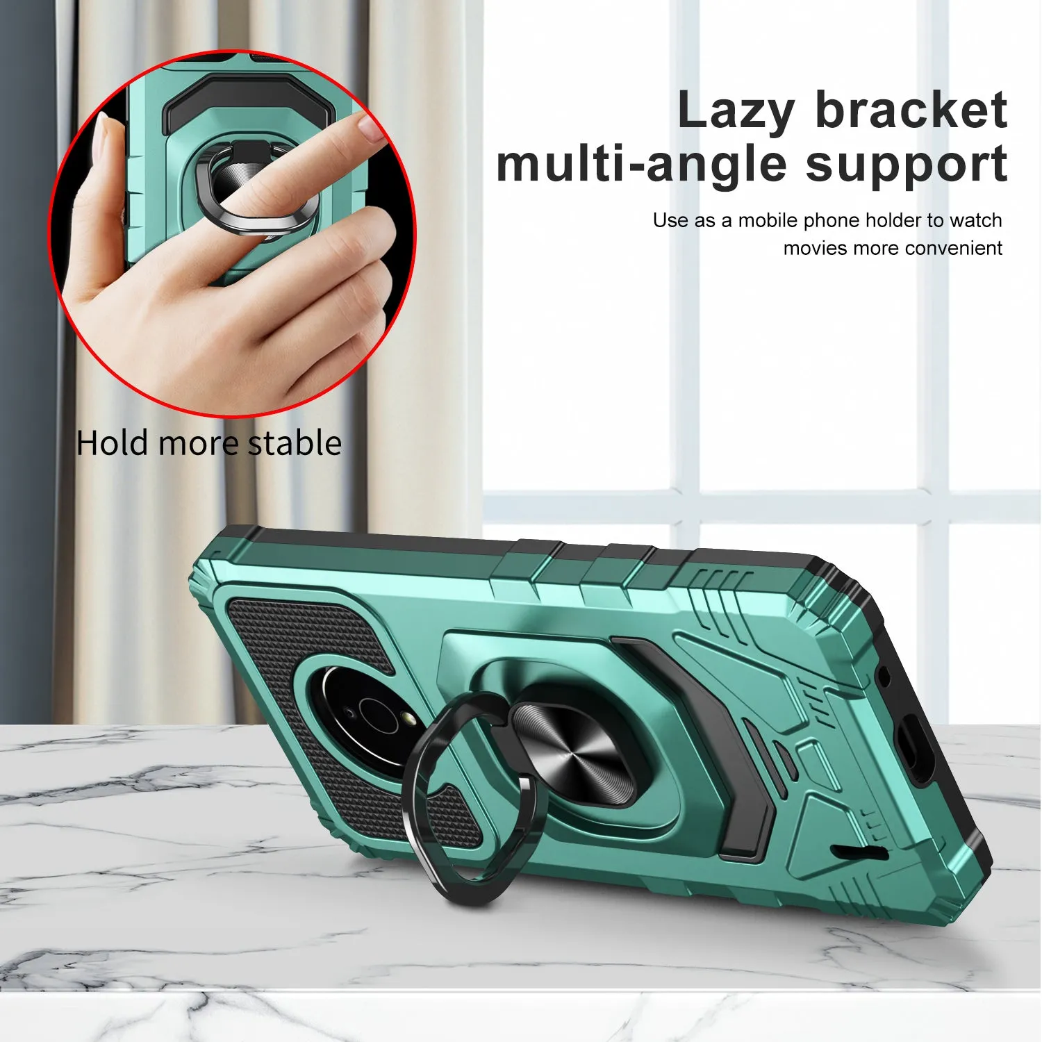 For Nokia C200 Case [Military Grade] Ring Car Mount Kickstand w/[Tempered Glass] Hybrid Hard PC Soft TPU Shockproof Protective Case - Teal