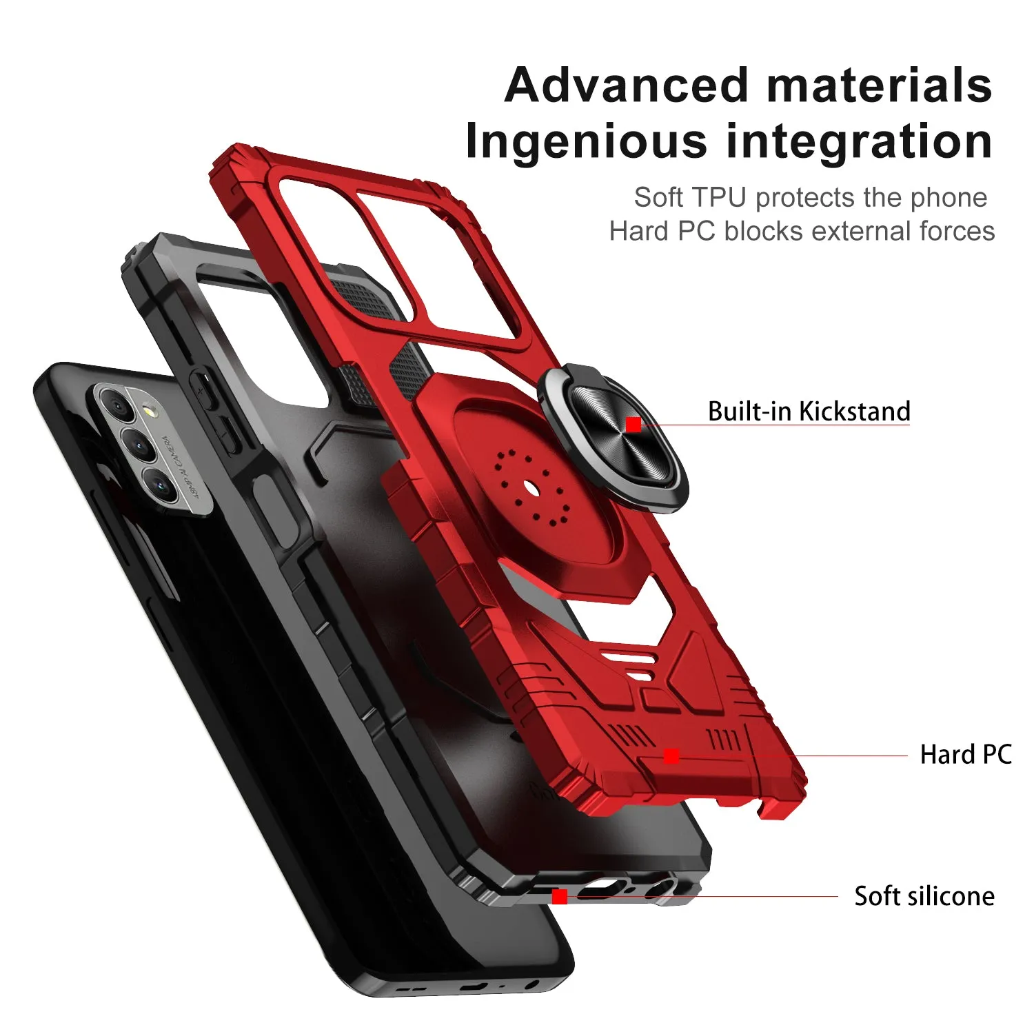 For Nokia G400 5G Case [Military Grade] Ring Car Mount Kickstand w/[Tempered Glass] Hybrid Hard PC Soft TPU Shockproof Protective Case - Red