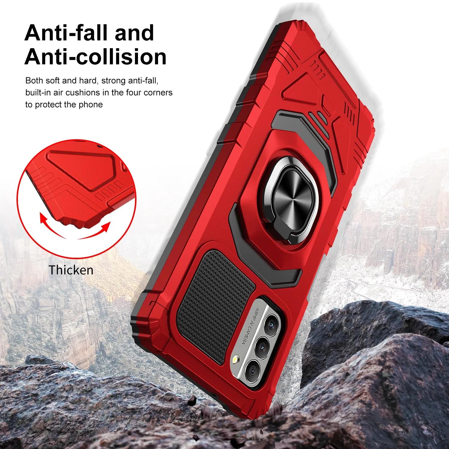 For Nokia G400 5G Case [Military Grade] Ring Car Mount Kickstand w/[Tempered Glass] Hybrid Hard PC Soft TPU Shockproof Protective Case - Red