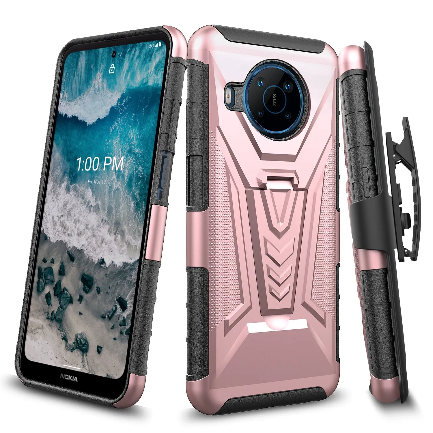 For Nokia X100 Case with Tempered Glass Screen Protector Heavy Duty Protective Phone Case,Built-in Kickstand Rugged Shockproof Protective Phone Case - Rose Gold