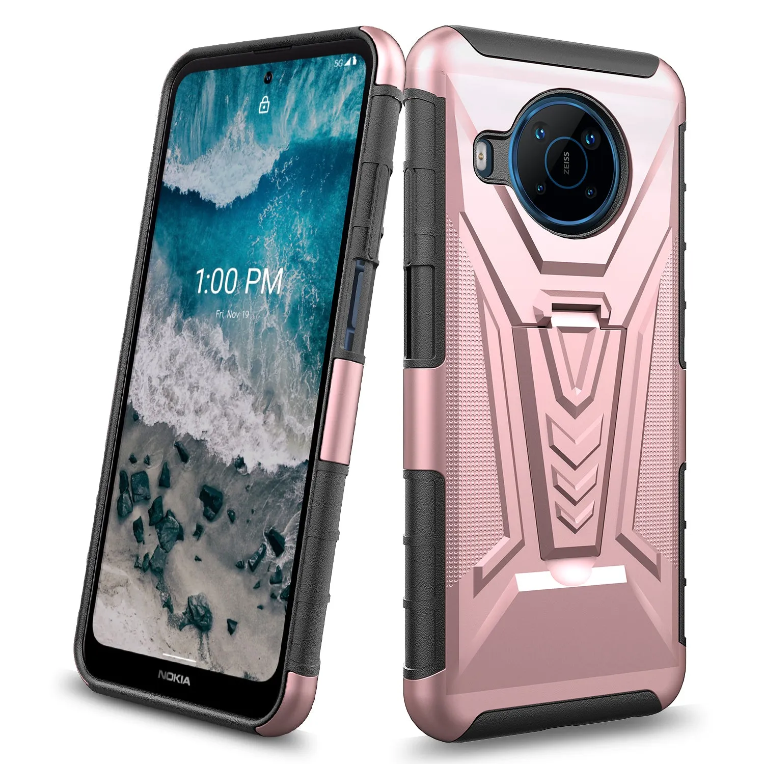 For Nokia X100 Case with Tempered Glass Screen Protector Heavy Duty Protective Phone Case,Built-in Kickstand Rugged Shockproof Protective Phone Case - Rose Gold