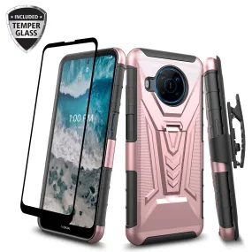 For Nokia X100 Case with Tempered Glass Screen Protector Heavy Duty Protective Phone Case,Built-in Kickstand Rugged Shockproof Protective Phone Case - Rose Gold