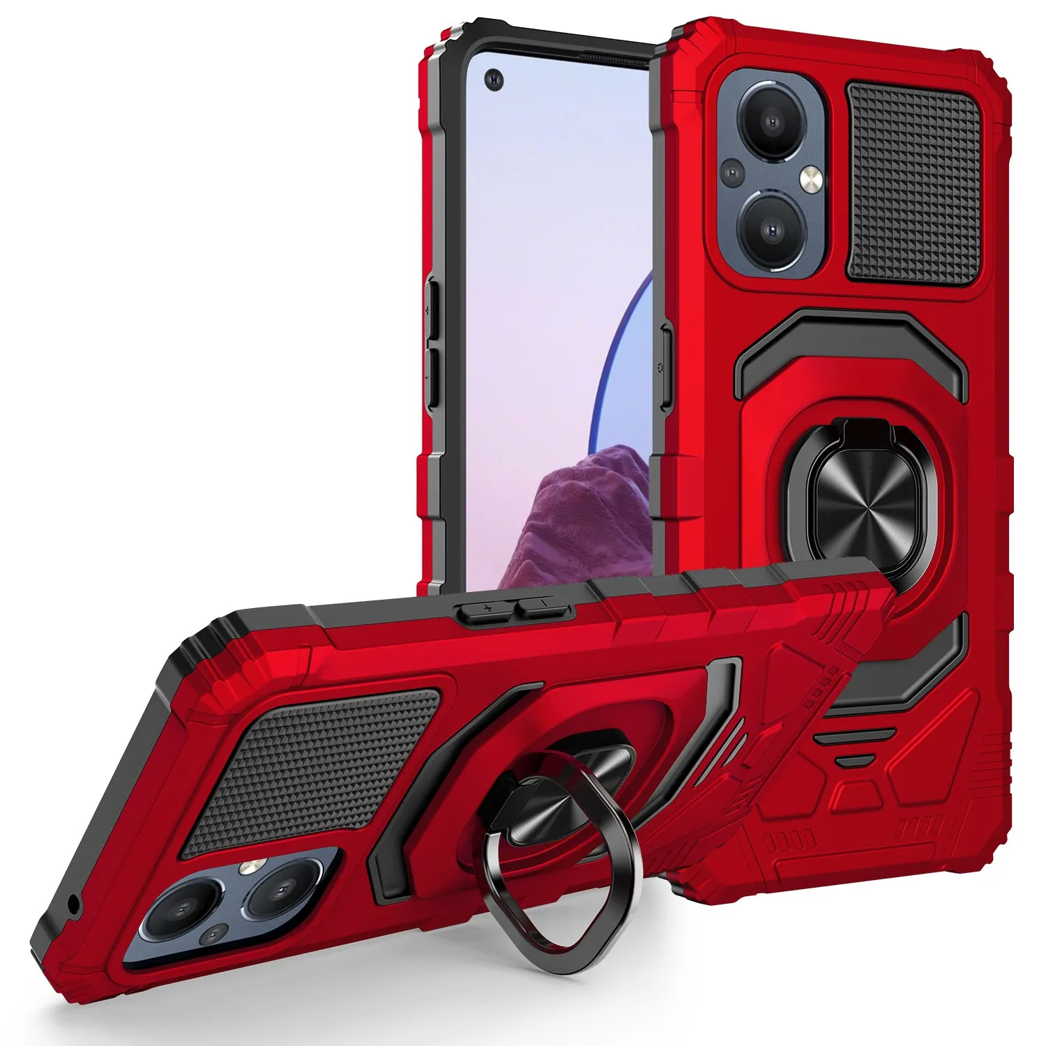 For OnePlus Nord N20 5G Case [Military Grade] Ring Car Mount Kickstand w/[Tempered Glass] Hybrid Hard PC Soft TPU Shockproof Protective Case - Red