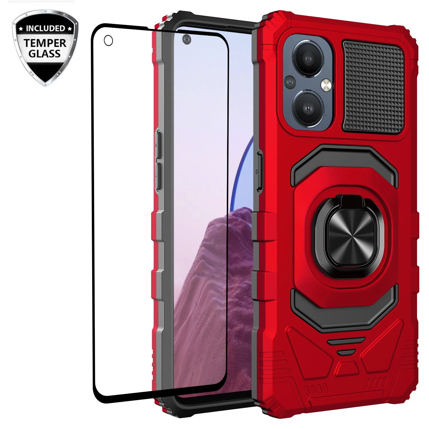 For OnePlus Nord N20 5G Case [Military Grade] Ring Car Mount Kickstand w/[Tempered Glass] Hybrid Hard PC Soft TPU Shockproof Protective Case - Red