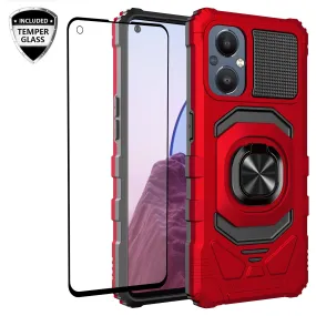 For OnePlus Nord N20 5G Case [Military Grade] Ring Car Mount Kickstand w/[Tempered Glass] Hybrid Hard PC Soft TPU Shockproof Protective Case - Red