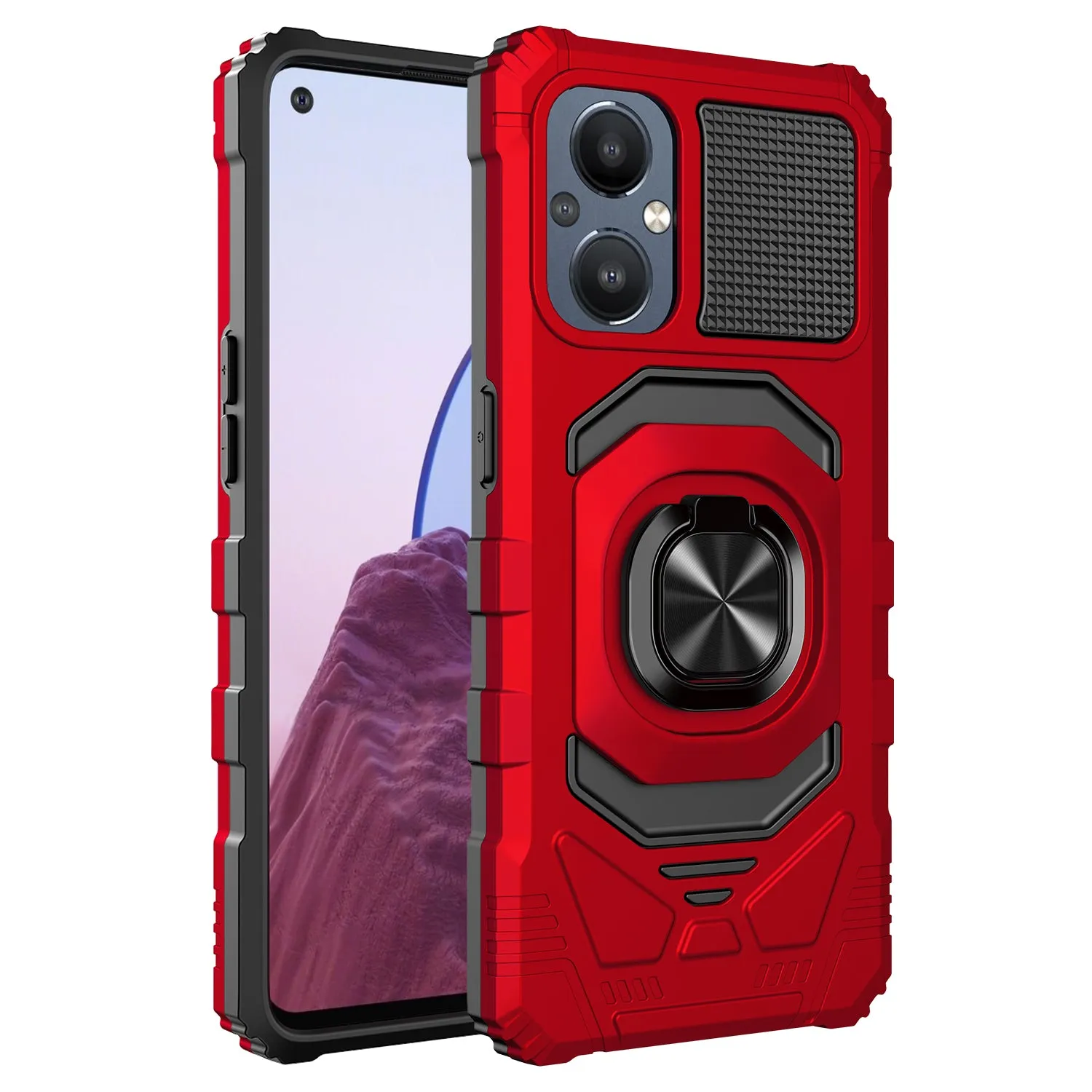 For OnePlus Nord N20 5G Case [Military Grade] Ring Car Mount Kickstand w/[Tempered Glass] Hybrid Hard PC Soft TPU Shockproof Protective Case - Red