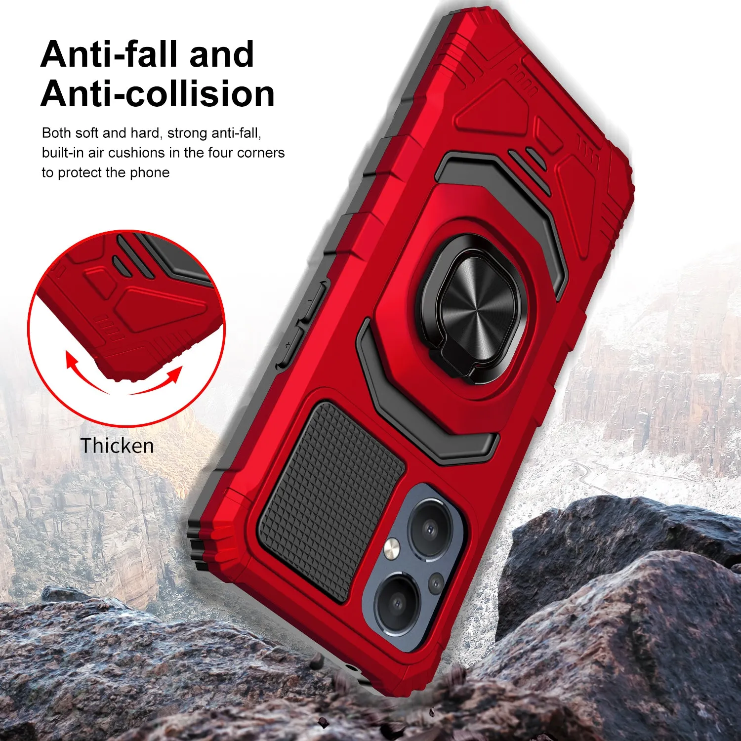 For OnePlus Nord N20 5G Case [Military Grade] Ring Car Mount Kickstand w/[Tempered Glass] Hybrid Hard PC Soft TPU Shockproof Protective Case - Red