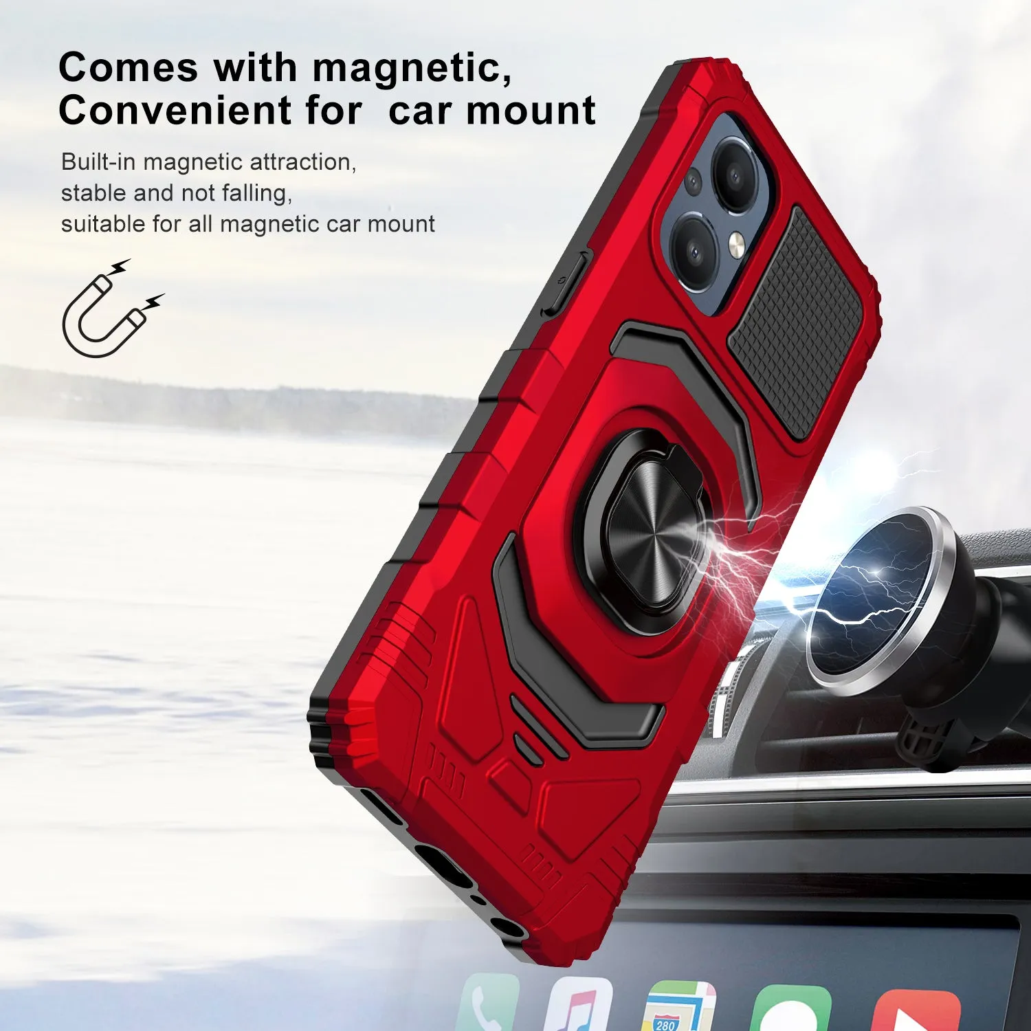 For OnePlus Nord N20 5G Case [Military Grade] Ring Car Mount Kickstand w/[Tempered Glass] Hybrid Hard PC Soft TPU Shockproof Protective Case - Red