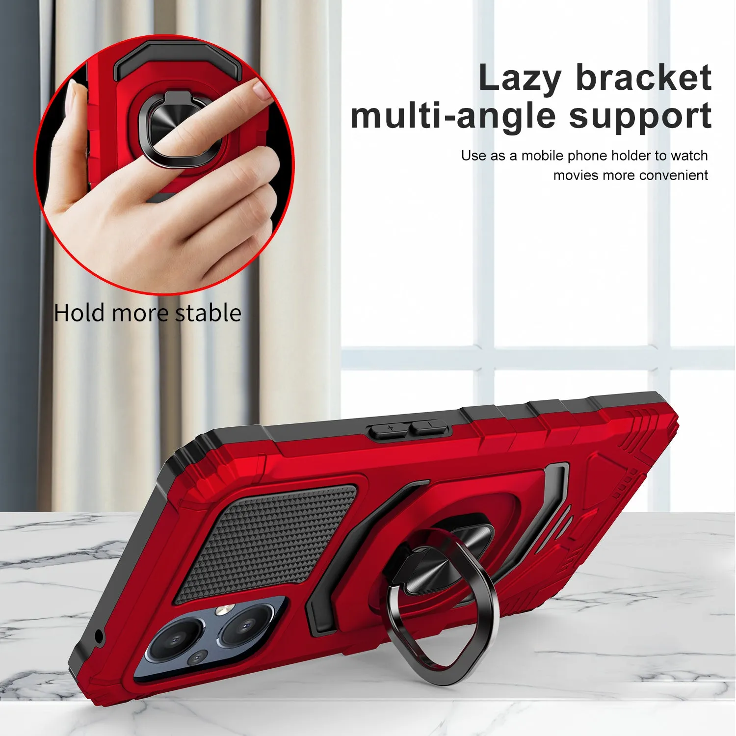 For OnePlus Nord N20 5G Case [Military Grade] Ring Car Mount Kickstand w/[Tempered Glass] Hybrid Hard PC Soft TPU Shockproof Protective Case - Red