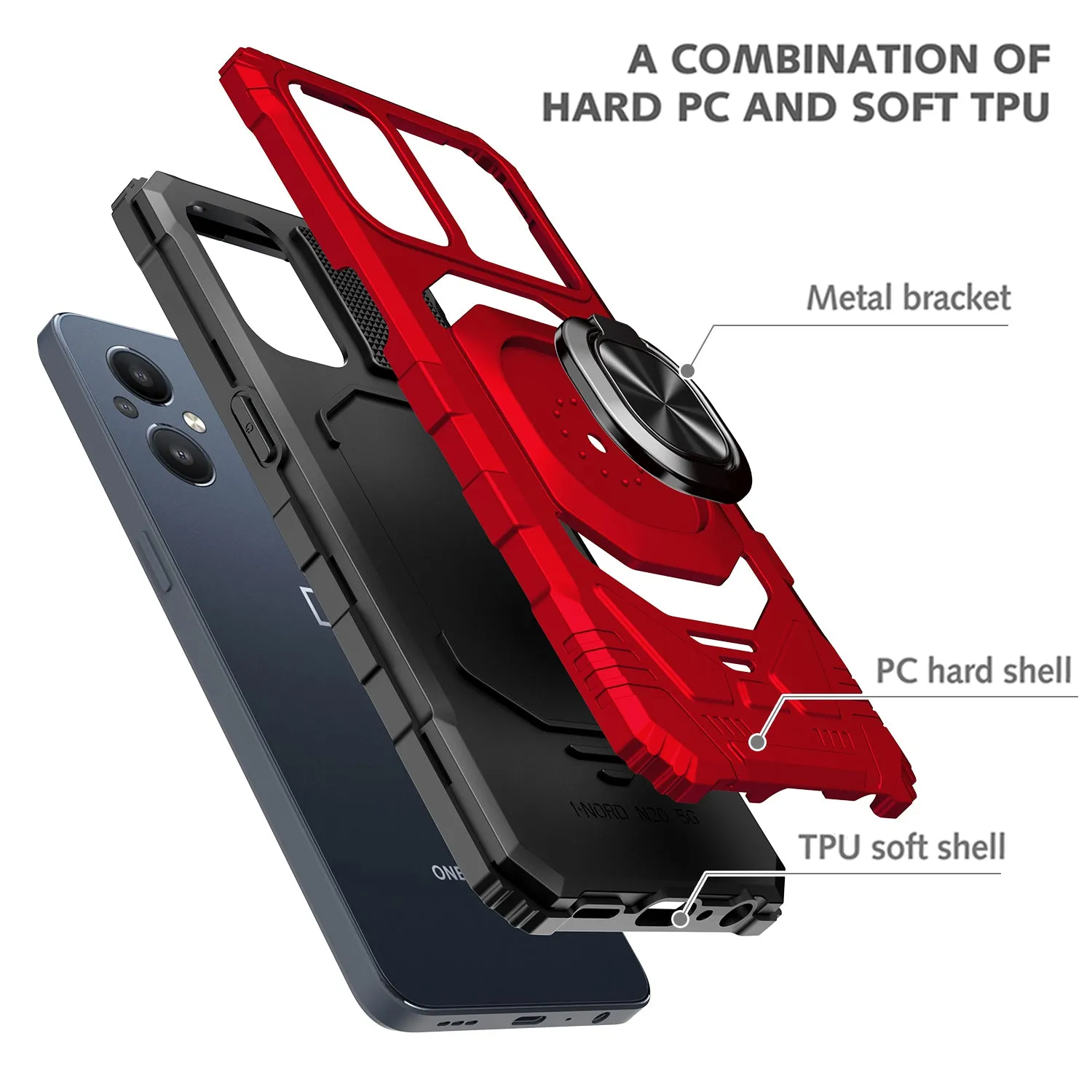 For OnePlus Nord N20 5G Case [Military Grade] Ring Car Mount Kickstand w/[Tempered Glass] Hybrid Hard PC Soft TPU Shockproof Protective Case - Red