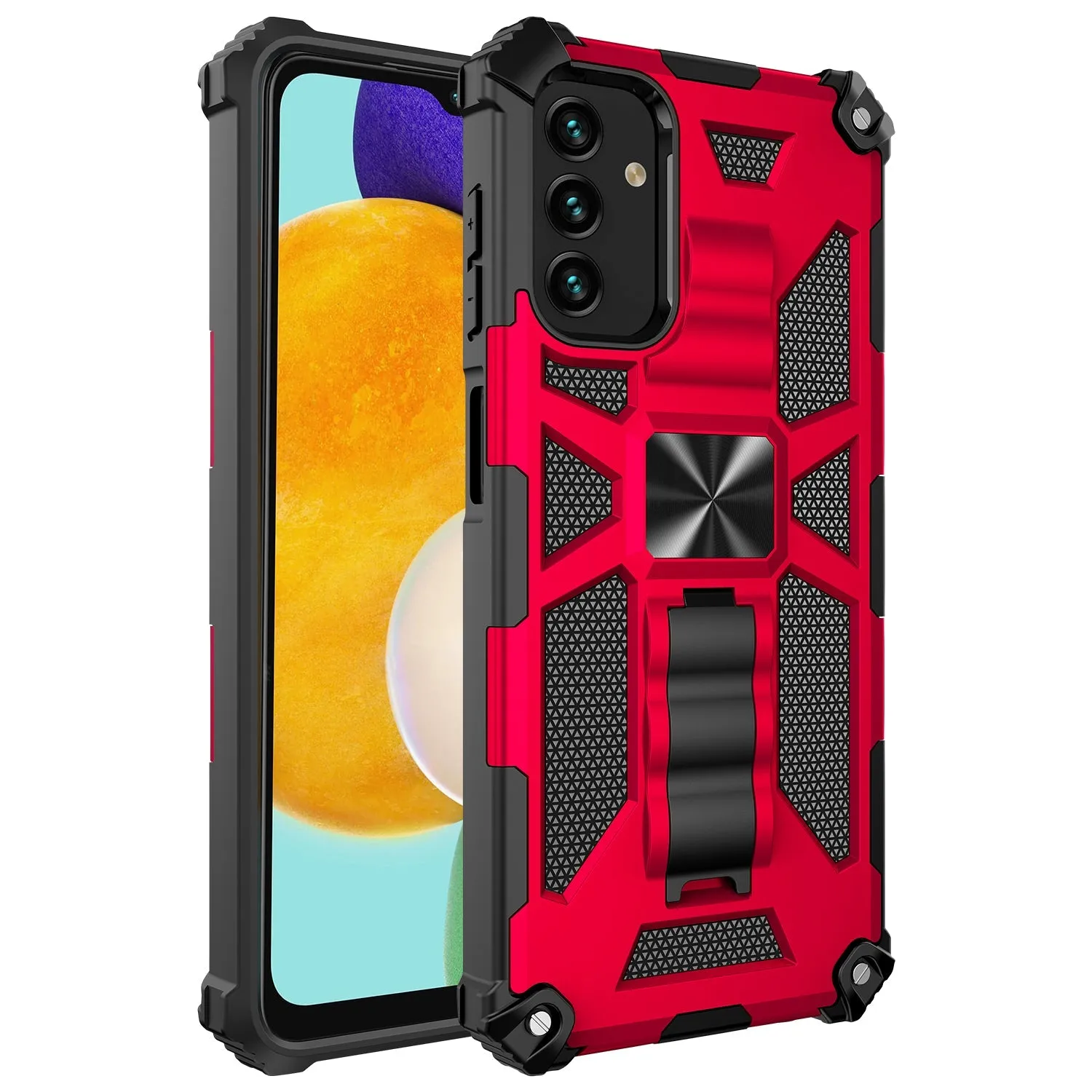 For Samsung Galaxy A14 5G Case [Military Grade] Ring Car Mount Kickstand w/[Tempered Glass] Hybrid Hard PC Soft TPU Shockproof Protective Case - Red