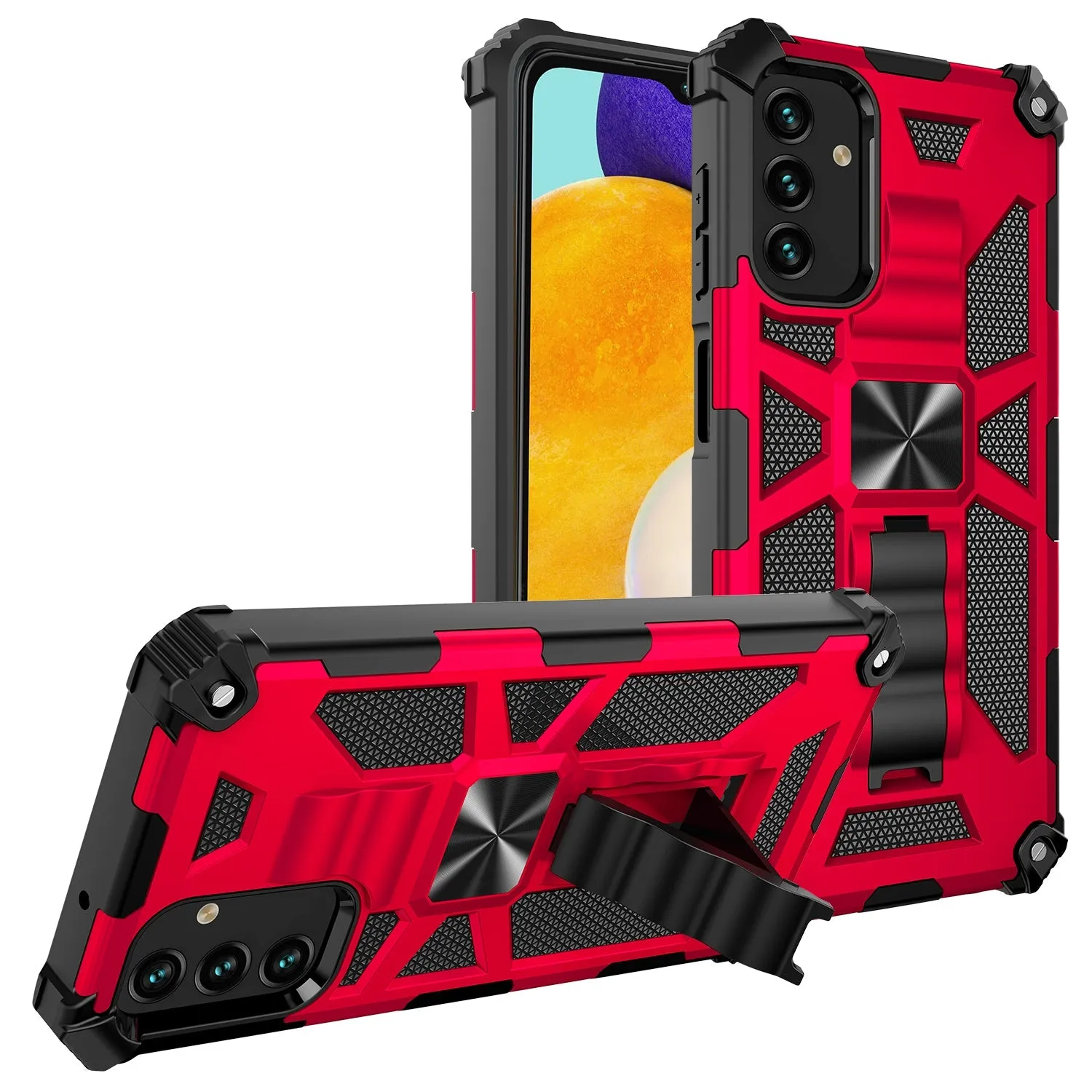 For Samsung Galaxy A14 5G Case [Military Grade] Ring Car Mount Kickstand w/[Tempered Glass] Hybrid Hard PC Soft TPU Shockproof Protective Case - Red