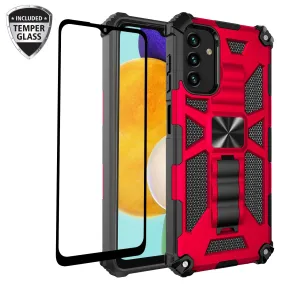 For Samsung Galaxy A14 5G Case [Military Grade] Ring Car Mount Kickstand w/[Tempered Glass] Hybrid Hard PC Soft TPU Shockproof Protective Case - Red