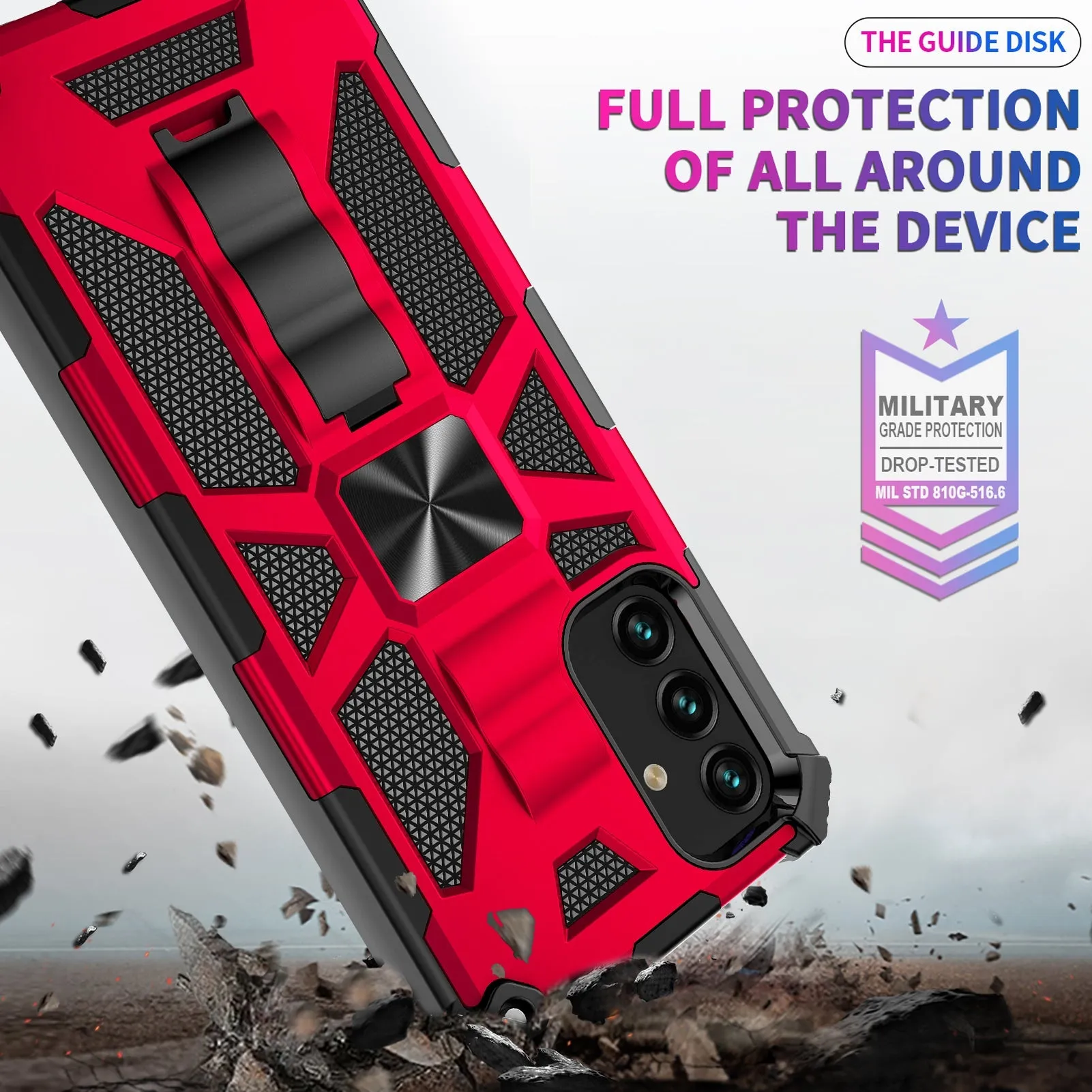 For Samsung Galaxy A14 5G Case [Military Grade] Ring Car Mount Kickstand w/[Tempered Glass] Hybrid Hard PC Soft TPU Shockproof Protective Case - Red