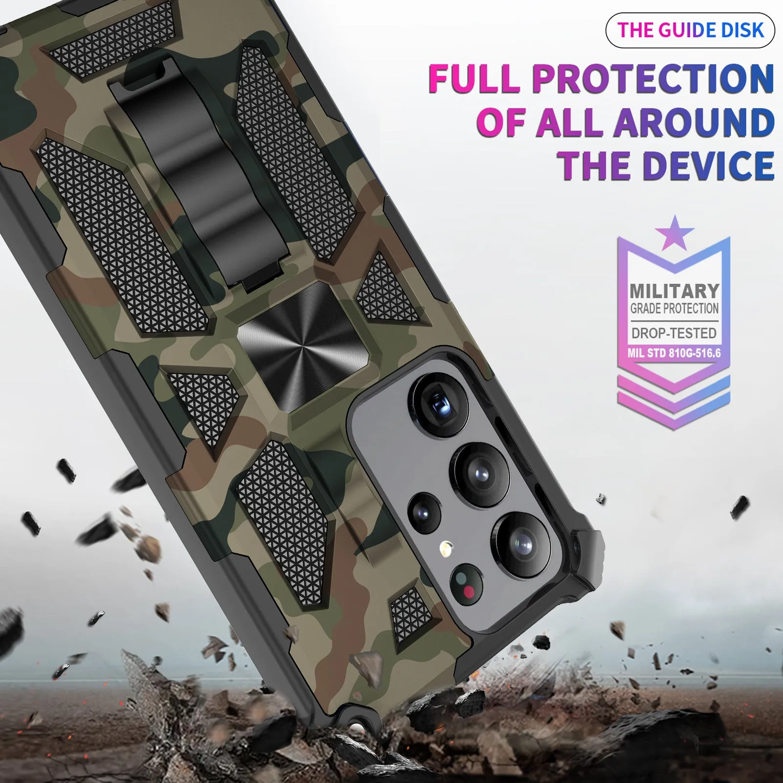 For Samsung Galaxy S23 Ultra Case [Military Grade] Ring Car Mount Kickstand w/[Tempered Glass] Hybrid Hard PC Soft TPU Shockproof Protective Case - Green Camo