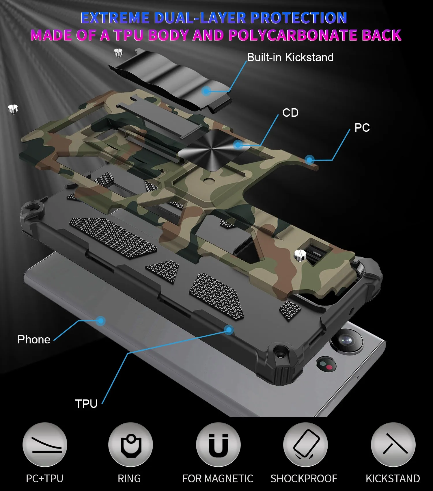 For Samsung Galaxy S23 Ultra Case [Military Grade] Ring Car Mount Kickstand w/[Tempered Glass] Hybrid Hard PC Soft TPU Shockproof Protective Case - Green Camo