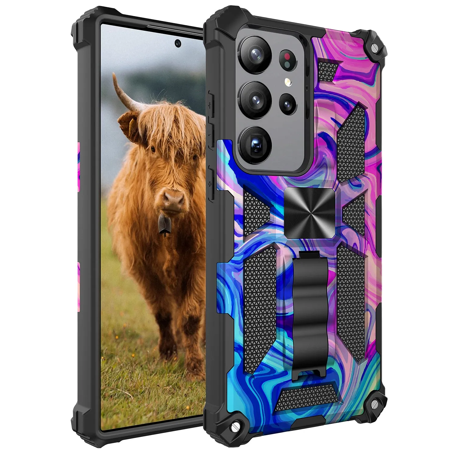 For Samsung Galaxy S23 Ultra Case [Military Grade] Ring Car Mount Kickstand w/[Tempered Glass] Hybrid Hard PC Soft TPU Shockproof Protective Case -Rainbow Camo