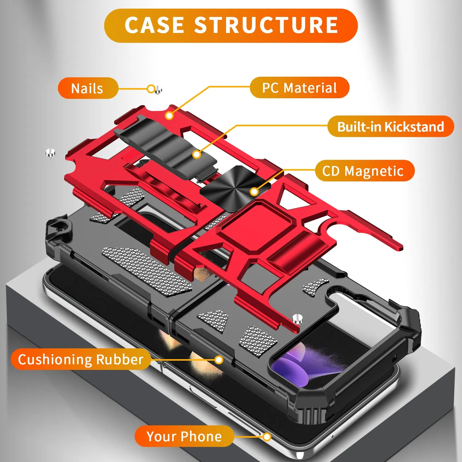 For Samsung Galaxy Z Flip4 Case [Military Grade] Ring Car Mount Kickstand w/[Tempered Glass] Hybrid Hard PC Soft TPU Shockproof Protective Case -Red