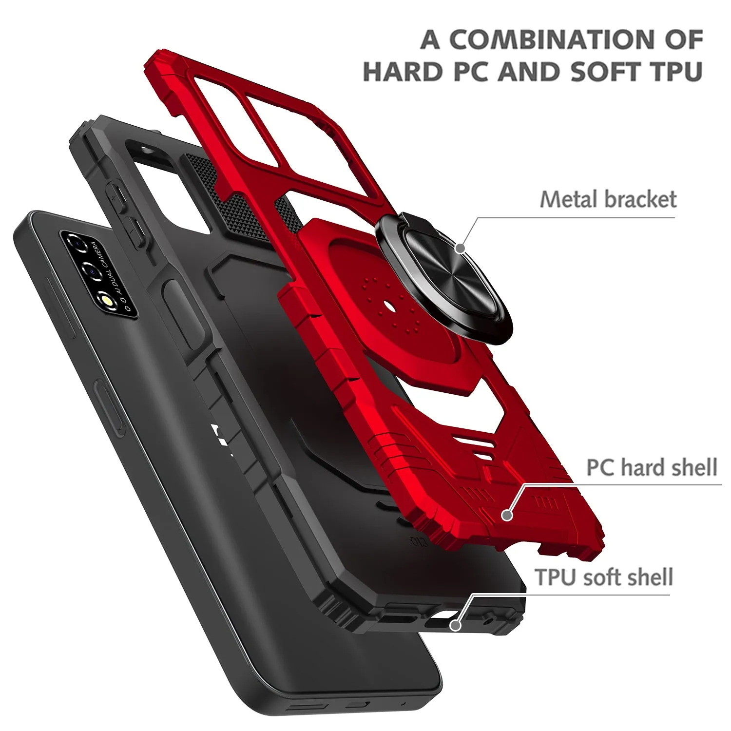 For T-Mobile REVVL V Case [Military Grade] Ring Car Mount Kickstand w/[Tempered Glass] Hybrid Hard PC Soft TPU Shockproof Protective Case - Red