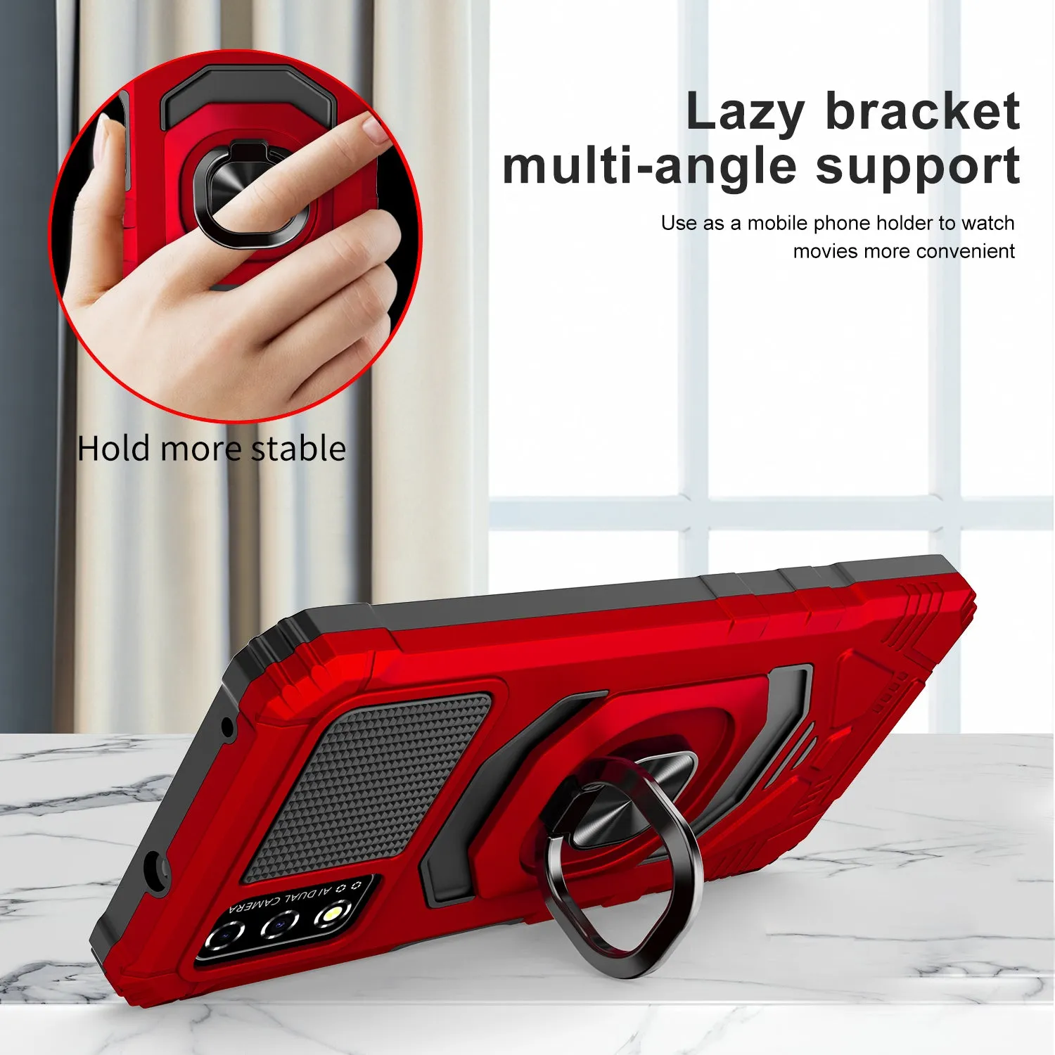 For T-Mobile REVVL V Case [Military Grade] Ring Car Mount Kickstand w/[Tempered Glass] Hybrid Hard PC Soft TPU Shockproof Protective Case - Red