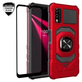 For T-Mobile REVVL V Case [Military Grade] Ring Car Mount Kickstand w/[Tempered Glass] Hybrid Hard PC Soft TPU Shockproof Protective Case - Red