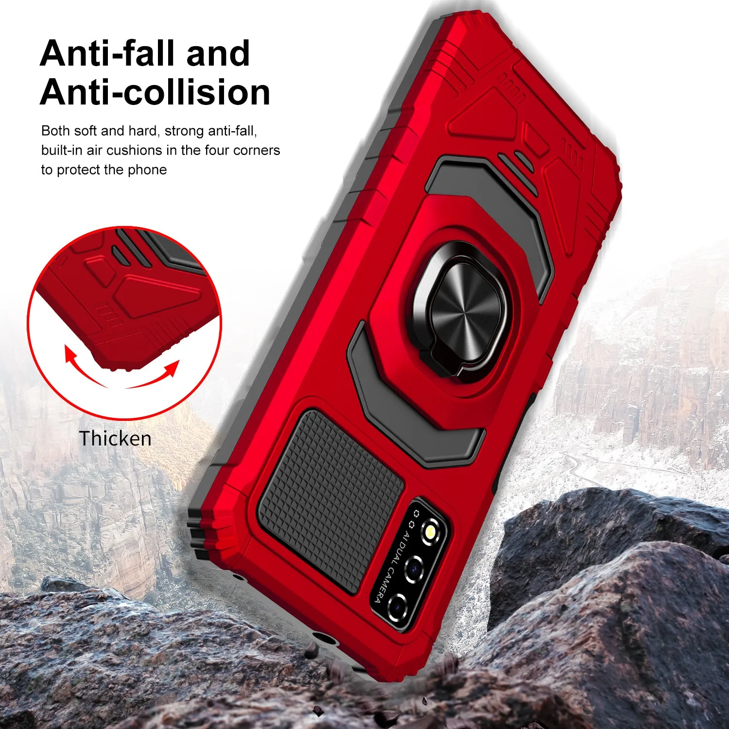 For T-Mobile REVVL V Case [Military Grade] Ring Car Mount Kickstand w/[Tempered Glass] Hybrid Hard PC Soft TPU Shockproof Protective Case - Red