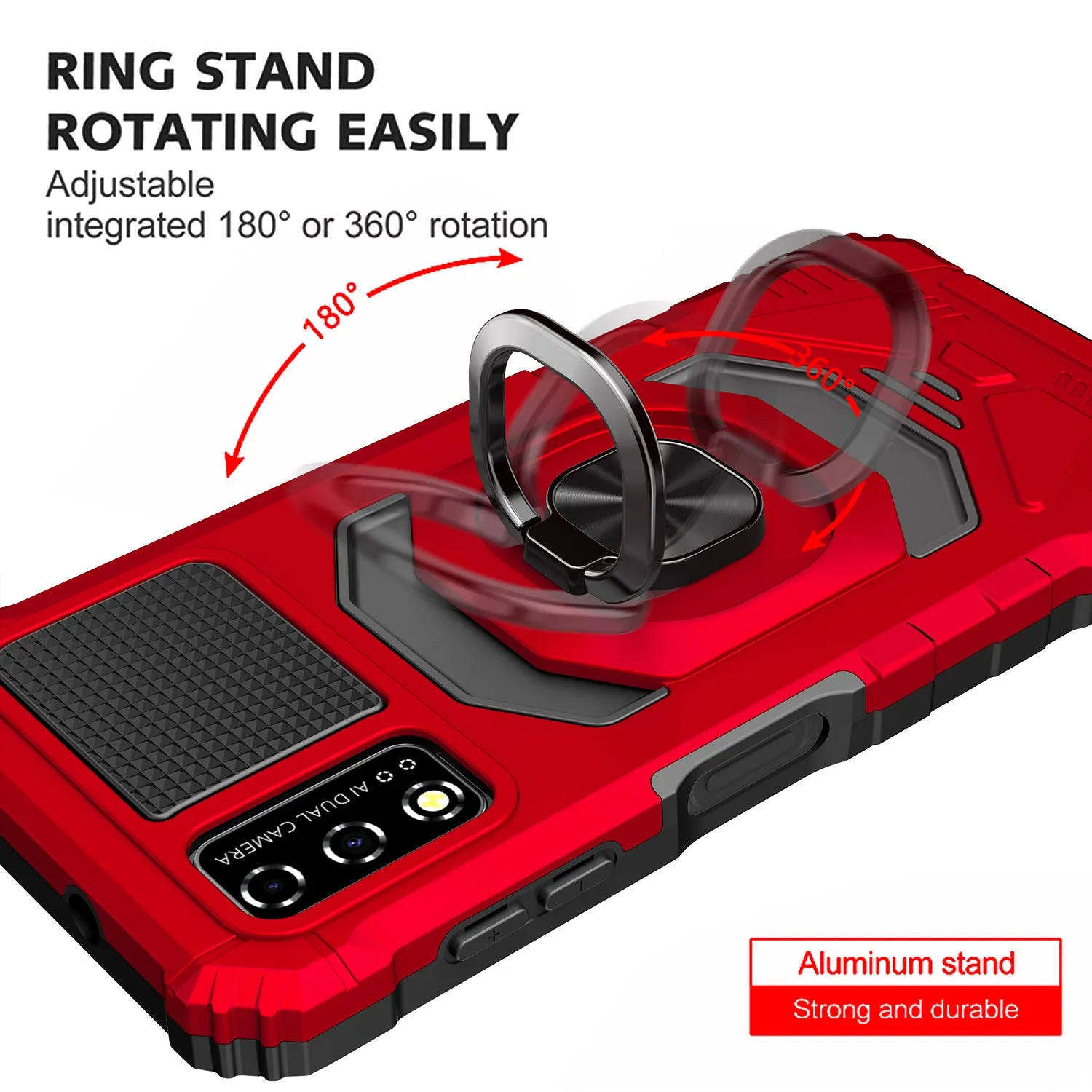 For T-Mobile REVVL V Case [Military Grade] Ring Car Mount Kickstand w/[Tempered Glass] Hybrid Hard PC Soft TPU Shockproof Protective Case - Red