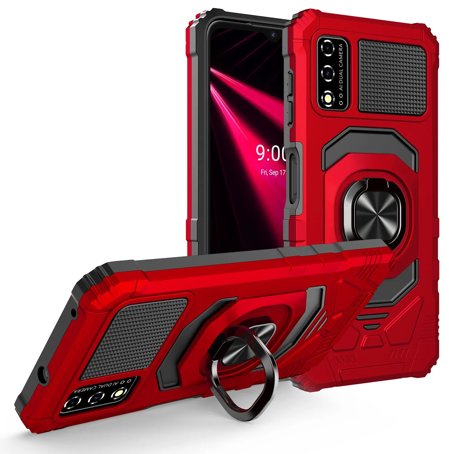 For T-Mobile REVVL V Case [Military Grade] Ring Car Mount Kickstand w/[Tempered Glass] Hybrid Hard PC Soft TPU Shockproof Protective Case - Red