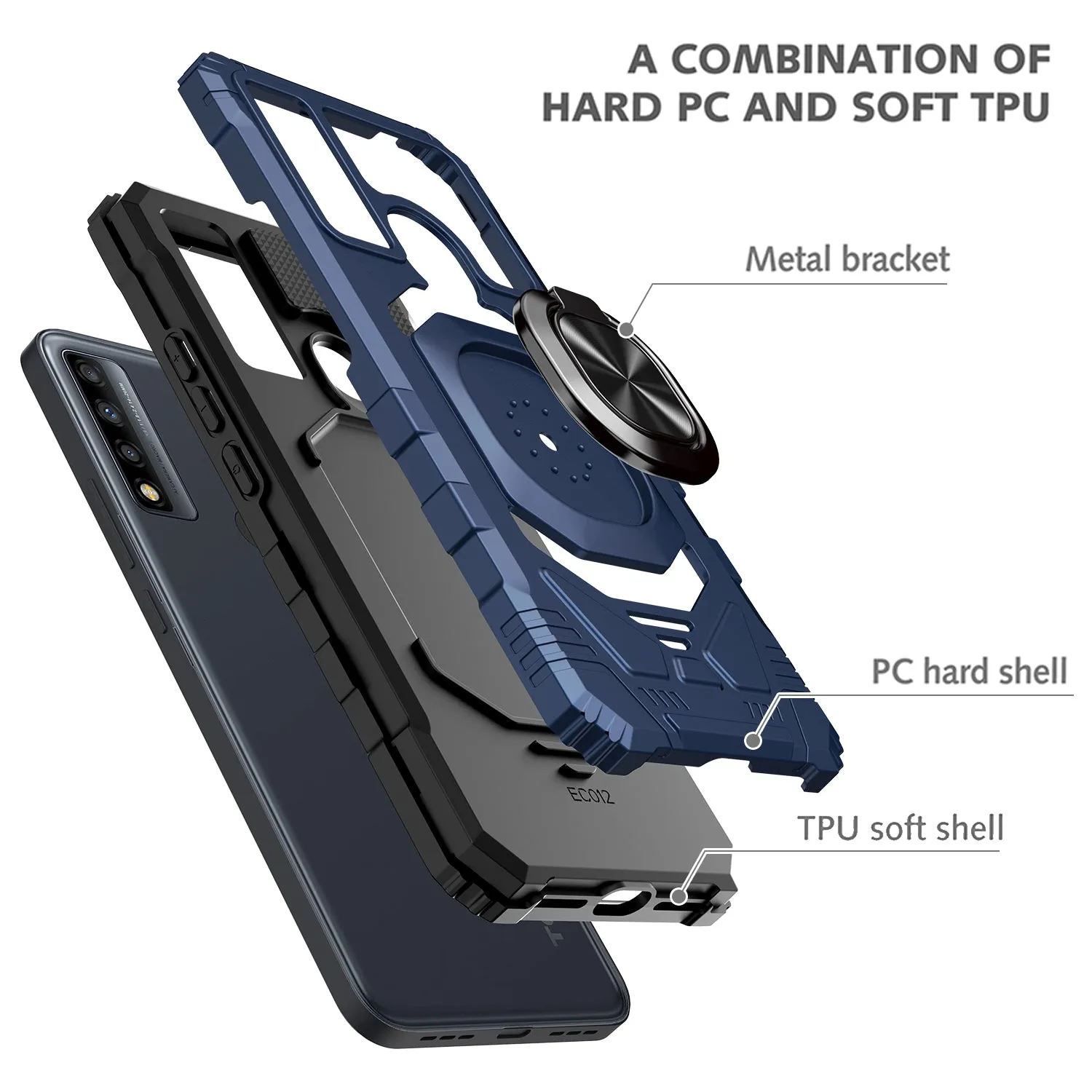 For TCL 20 A 5G / 4X 5G Case [Military Grade] Ring Car Mount Kickstand w/[Tempered Glass] Hybrid Hard PC Soft TPU Shockproof Protective Case - Blue