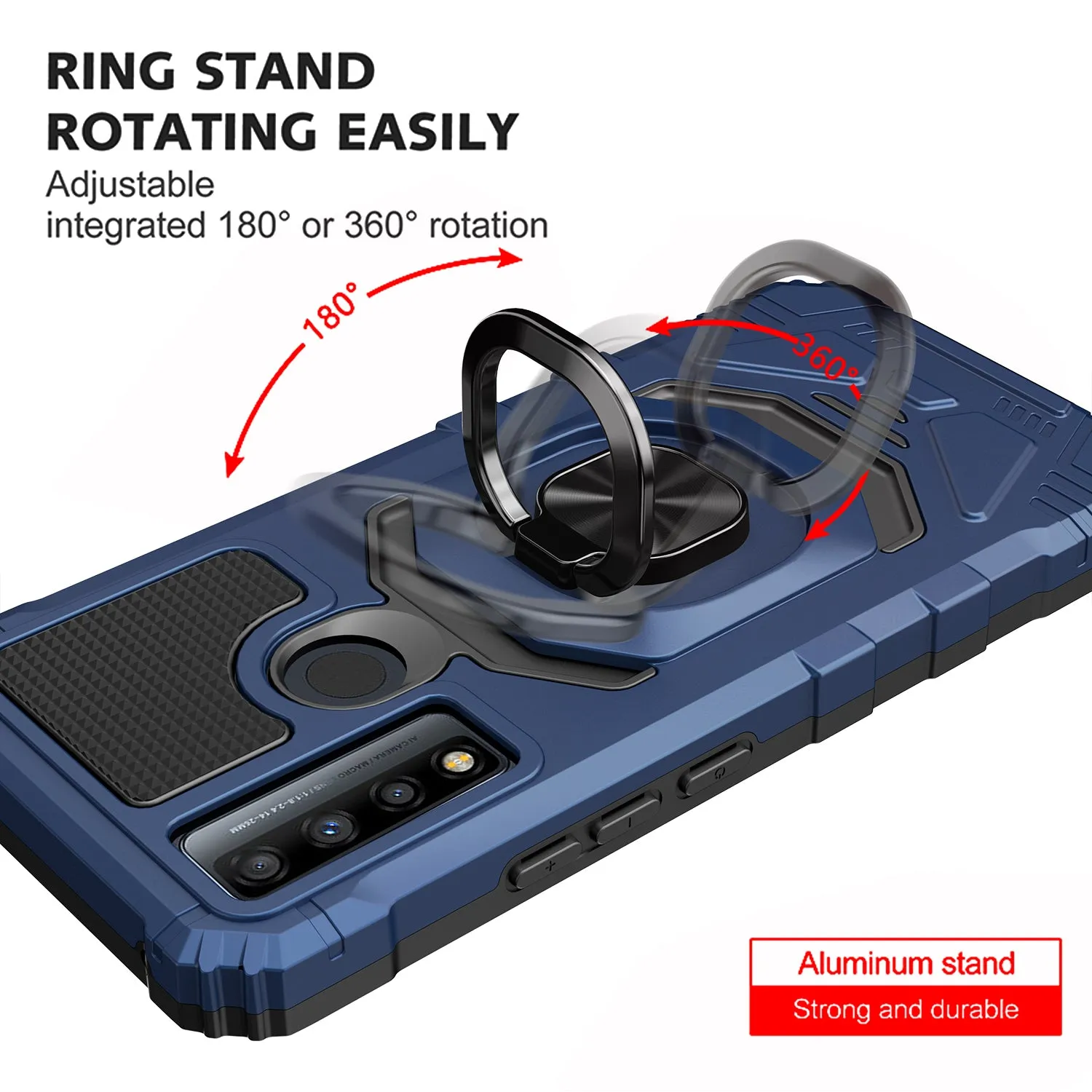 For TCL 20 A 5G / 4X 5G Case [Military Grade] Ring Car Mount Kickstand w/[Tempered Glass] Hybrid Hard PC Soft TPU Shockproof Protective Case - Blue