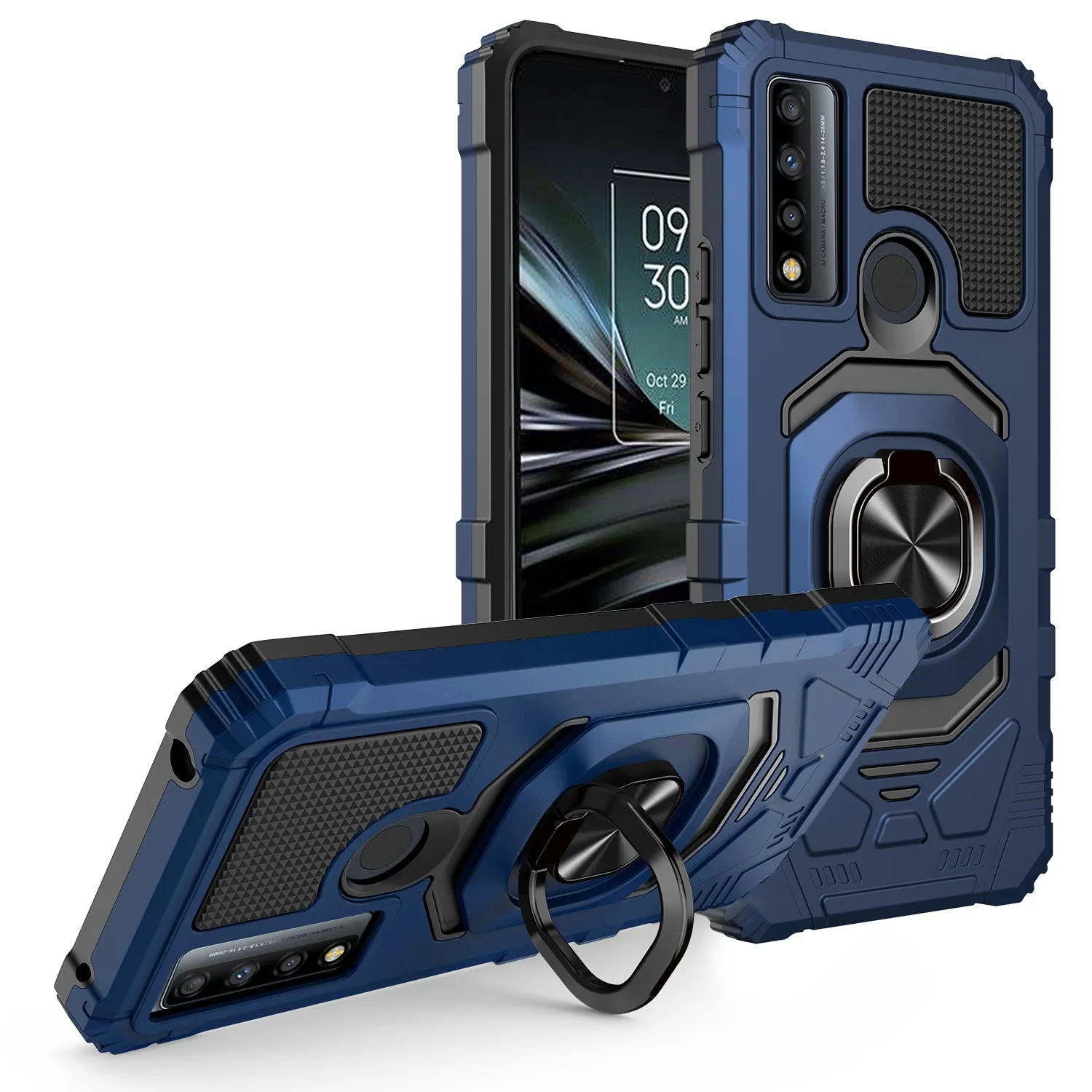 For TCL 20 A 5G / 4X 5G Case [Military Grade] Ring Car Mount Kickstand w/[Tempered Glass] Hybrid Hard PC Soft TPU Shockproof Protective Case - Blue