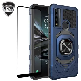 For TCL 20 A 5G / 4X 5G Case [Military Grade] Ring Car Mount Kickstand w/[Tempered Glass] Hybrid Hard PC Soft TPU Shockproof Protective Case - Blue