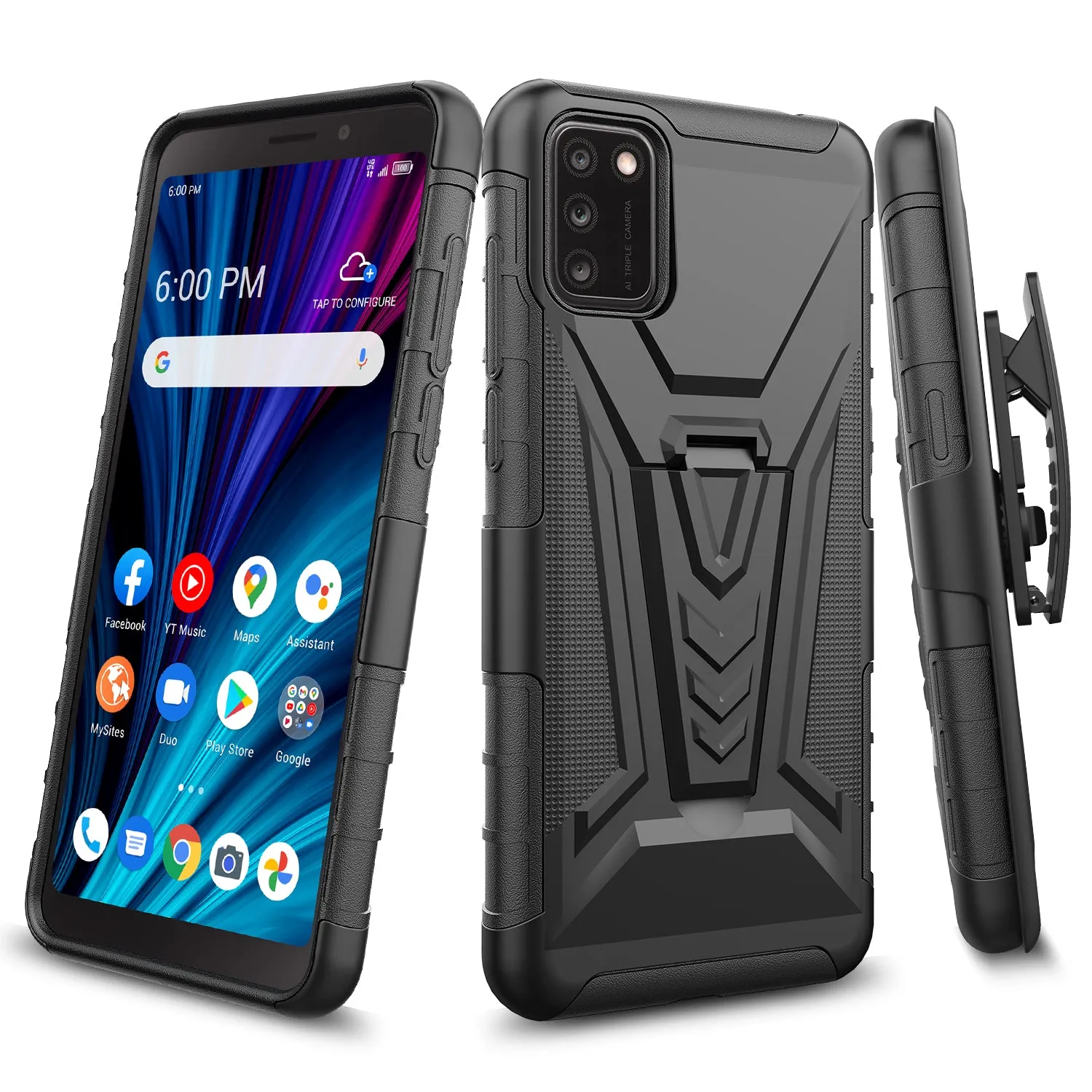 For TCL A3X Case with Tempered Glass Screen Protector Heavy Duty Protective Phone Case,Built-in Kickstand Rugged Shockproof Protective Phone Case - Black