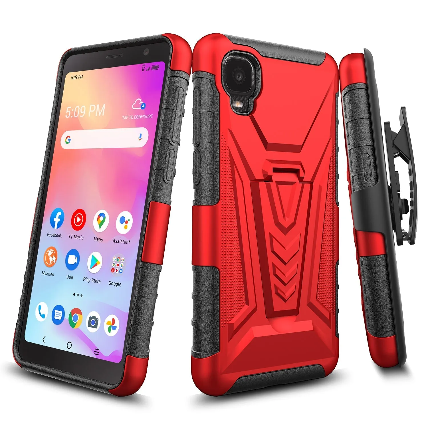 For TCL Ion Z/A3/A30 Case with Tempered Glass Screen Protector Heavy Duty Protective Phone Case,Built-in Kickstand Rugged Shockproof Protective Phone Case - Red