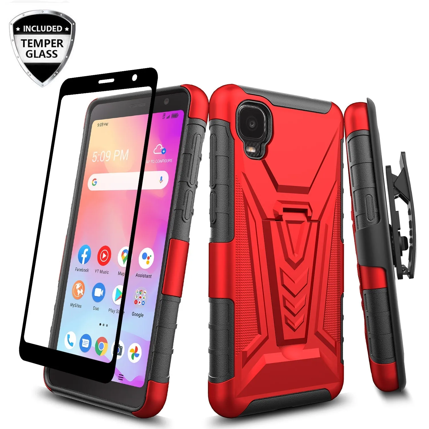 For TCL Ion Z/A3/A30 Case with Tempered Glass Screen Protector Heavy Duty Protective Phone Case,Built-in Kickstand Rugged Shockproof Protective Phone Case - Red