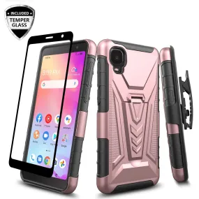 For TCL Ion Z/A3/A30 Case with Tempered Glass Screen Protector Heavy Duty Protective Phone Case,Built-in Kickstand Rugged Shockproof Protective Phone Case - Rose Gold