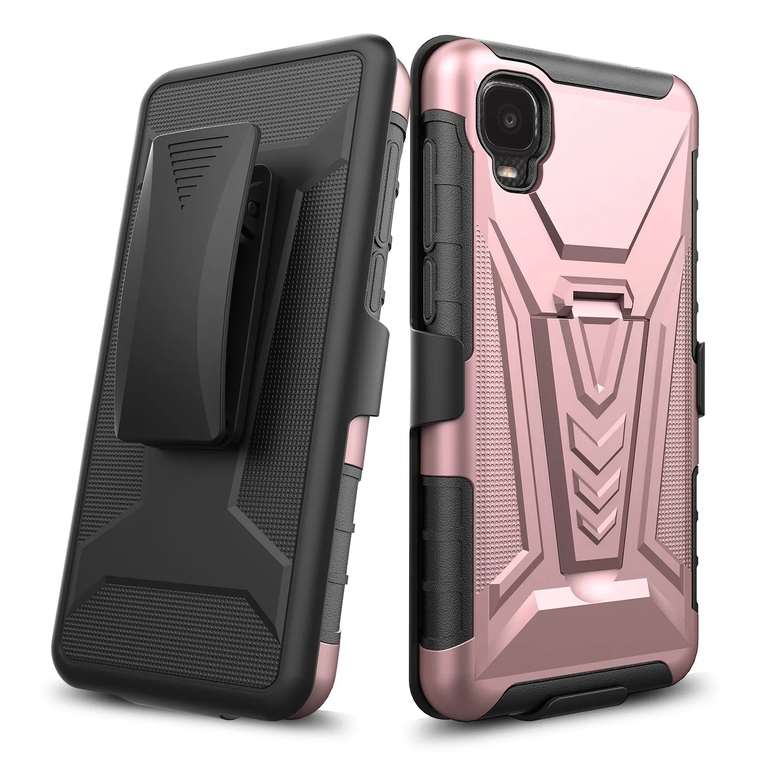 For TCL Ion Z/A3/A30 Case with Tempered Glass Screen Protector Heavy Duty Protective Phone Case,Built-in Kickstand Rugged Shockproof Protective Phone Case - Rose Gold