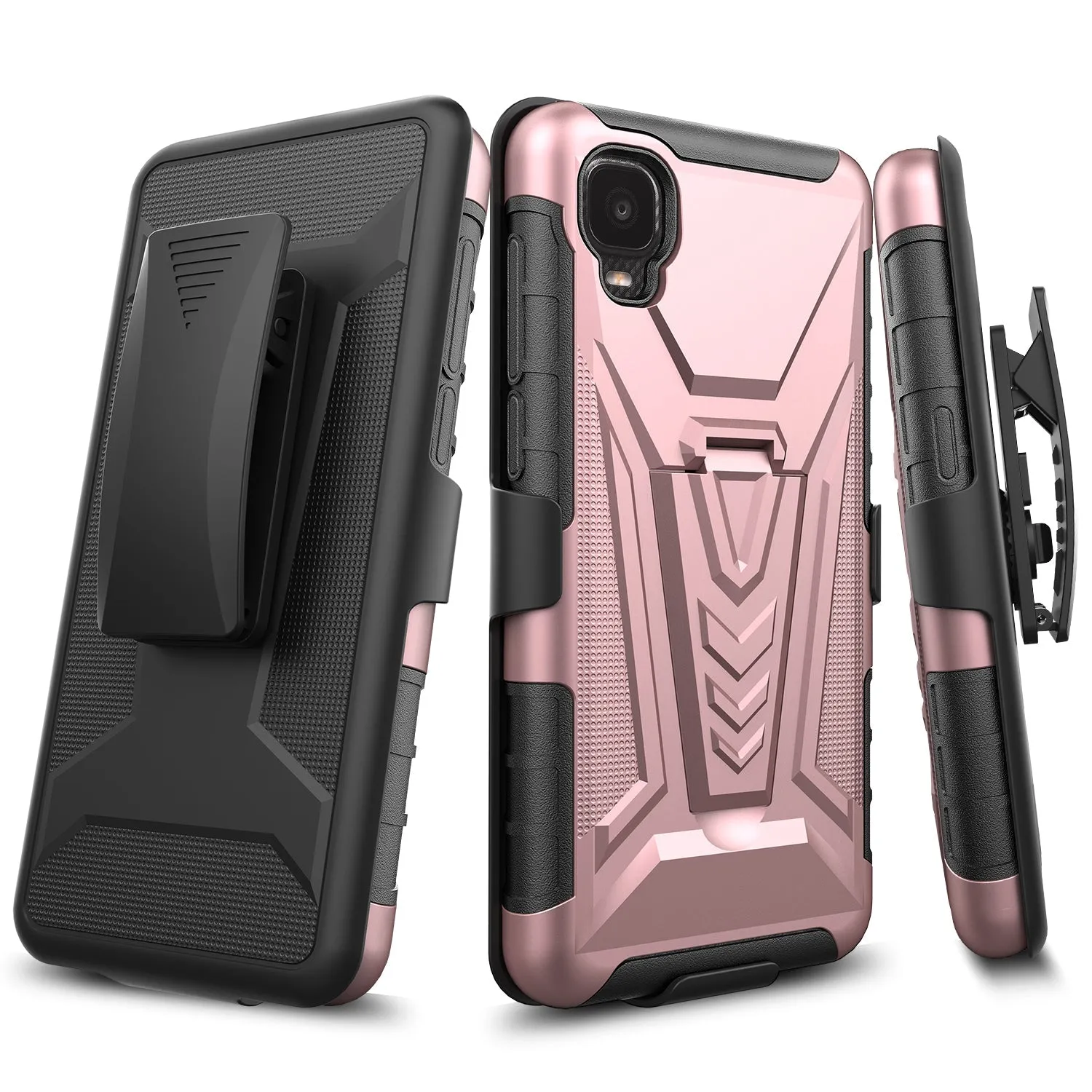 For TCL Ion Z/A3/A30 Case with Tempered Glass Screen Protector Heavy Duty Protective Phone Case,Built-in Kickstand Rugged Shockproof Protective Phone Case - Rose Gold