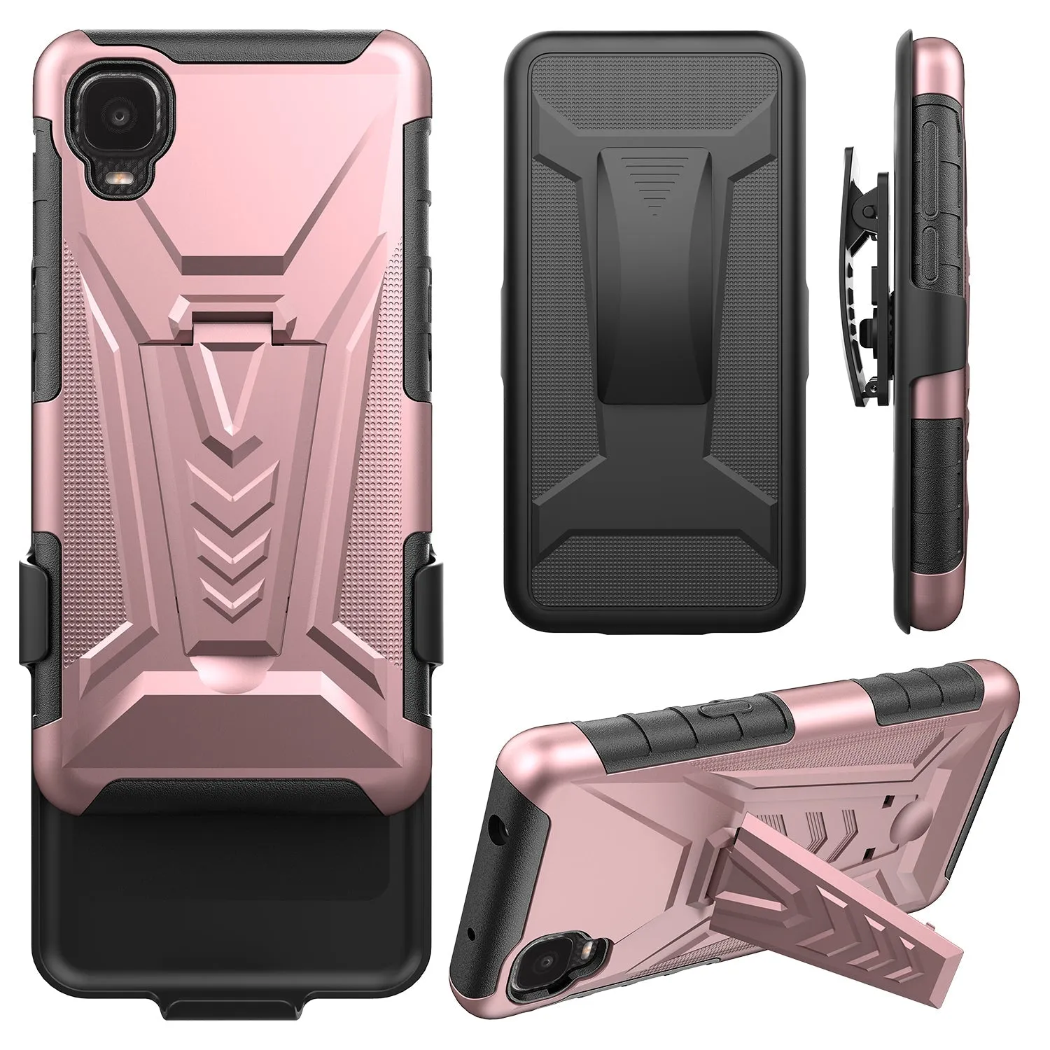 For TCL Ion Z/A3/A30 Case with Tempered Glass Screen Protector Heavy Duty Protective Phone Case,Built-in Kickstand Rugged Shockproof Protective Phone Case - Rose Gold