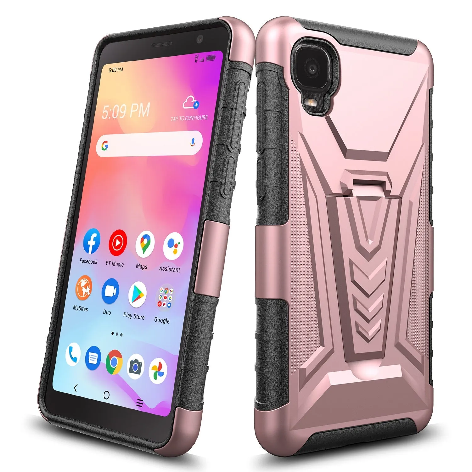 For TCL Ion Z/A3/A30 Case with Tempered Glass Screen Protector Heavy Duty Protective Phone Case,Built-in Kickstand Rugged Shockproof Protective Phone Case - Rose Gold