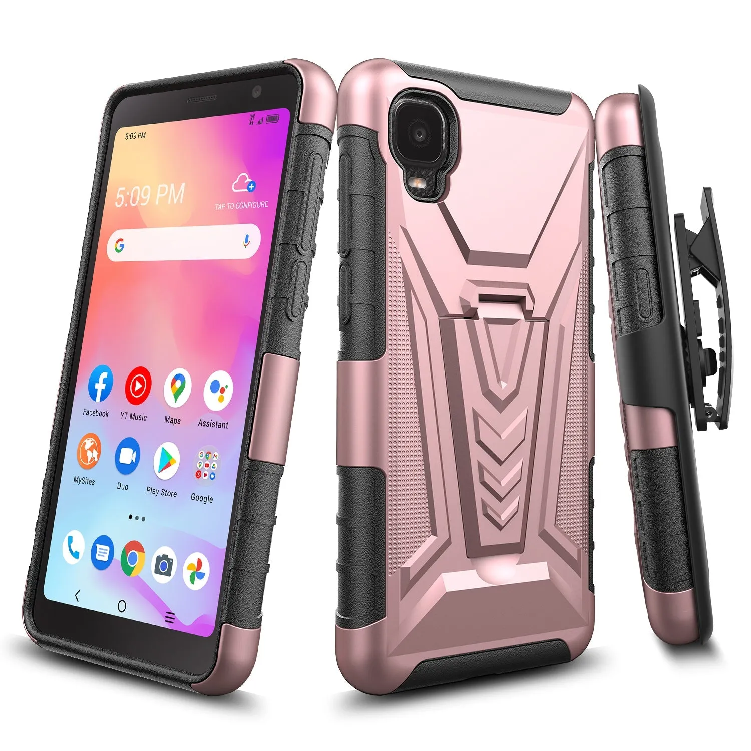 For TCL Ion Z/A3/A30 Case with Tempered Glass Screen Protector Heavy Duty Protective Phone Case,Built-in Kickstand Rugged Shockproof Protective Phone Case - Rose Gold