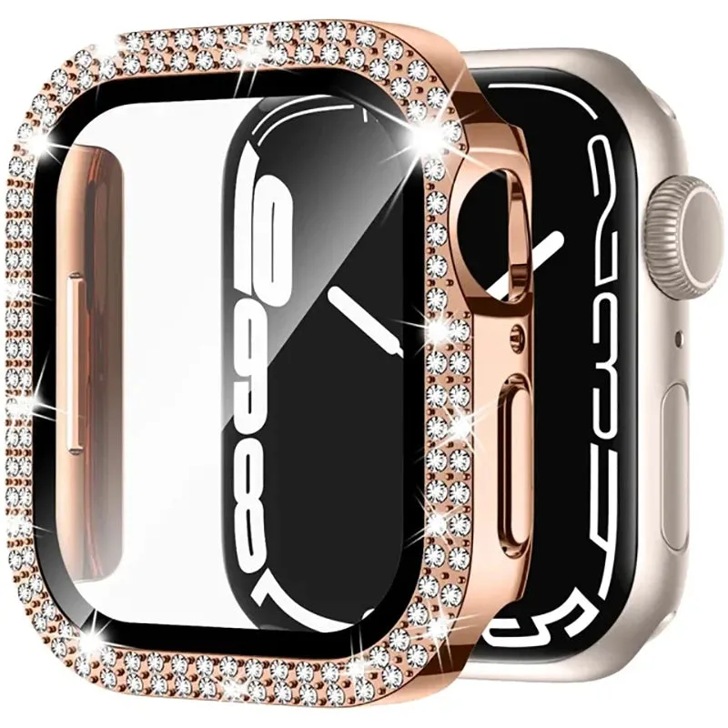 Glass Diamond Cover For Apple watch case 40mm 44mm 41mm 45mm 38mm 42mm Bling Bumper Protector iWatch series 9 3 5 6 7 8 se case