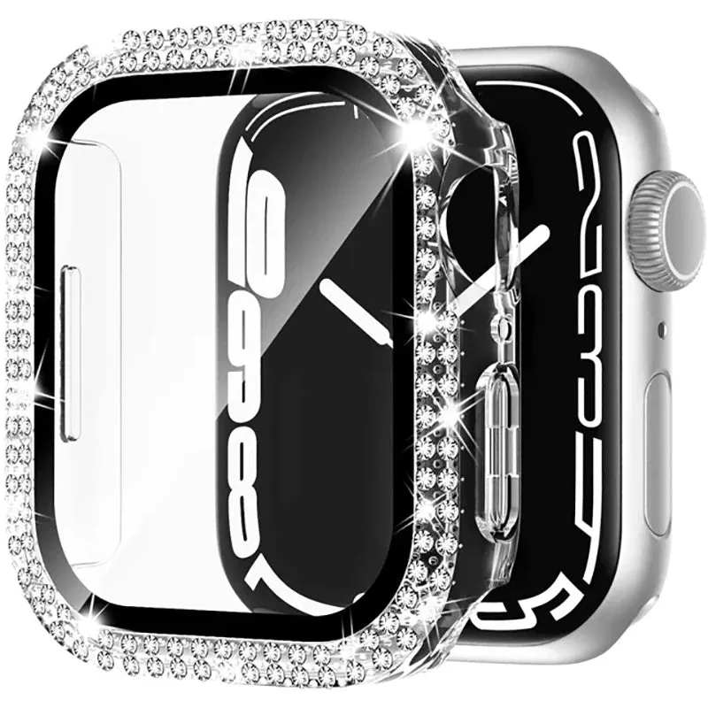 Glass Diamond Cover For Apple watch case 40mm 44mm 41mm 45mm 38mm 42mm Bling Bumper Protector iWatch series 9 3 5 6 7 8 se case